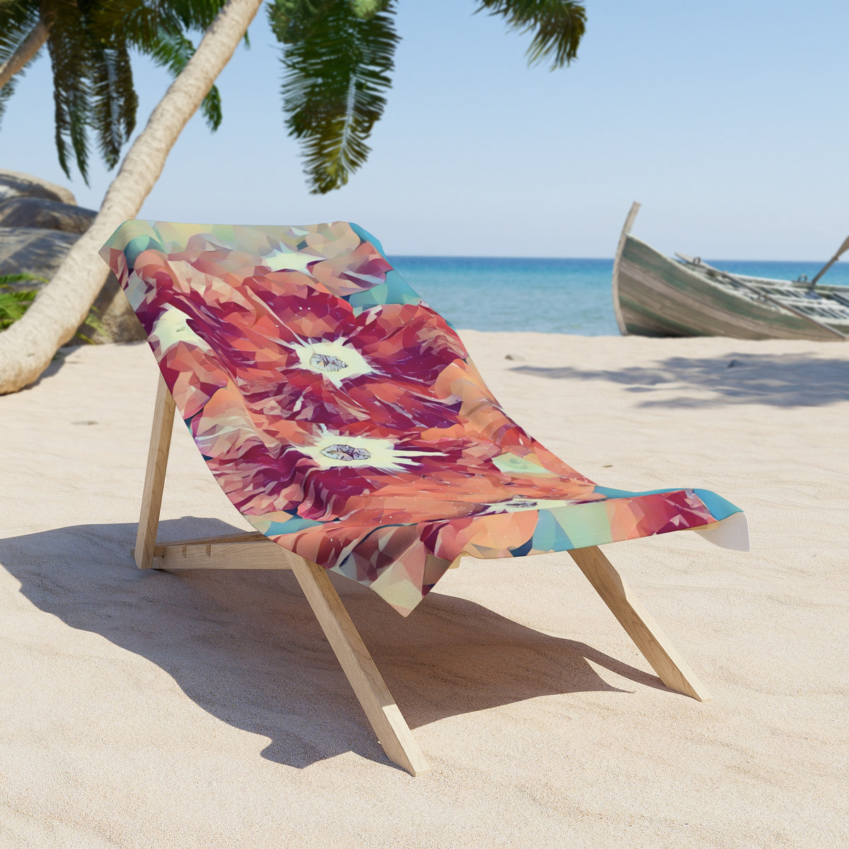 Beach Towel – Poly Art - Flowers, Light Blue and Red (Variant 2)