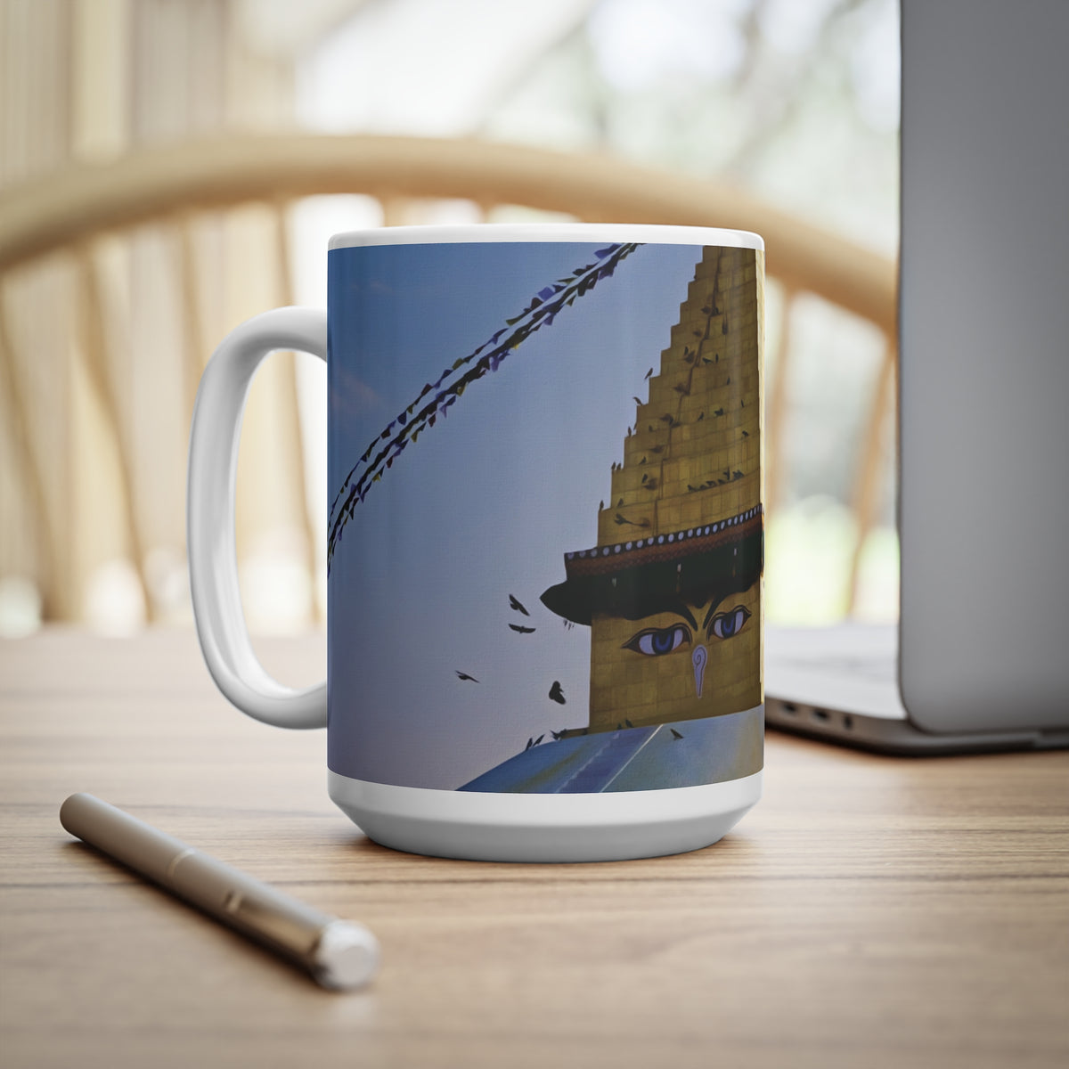 Ceramic White Cup 15oz - Nepal, Stupa with Buddha's Eyes (Variant 6)