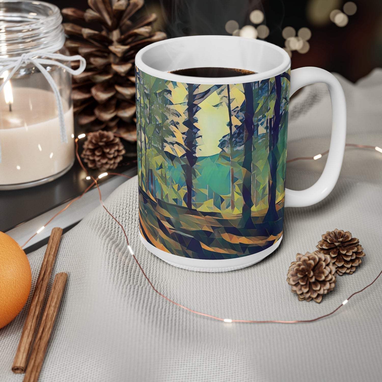 Ceramic White Cup 15oz - Poly Art - Forest (Variant 03)