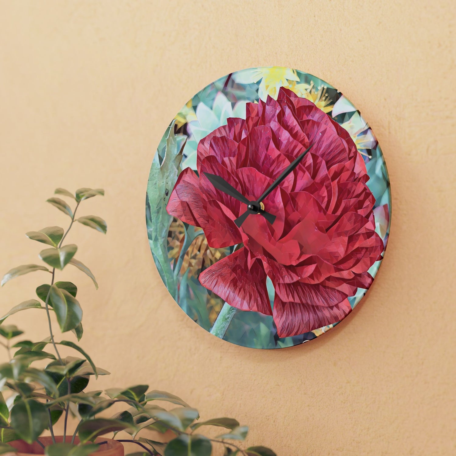 Acrylic Wall Clock - Poly Art - Flower of Dahlia in Red (Variant 2)