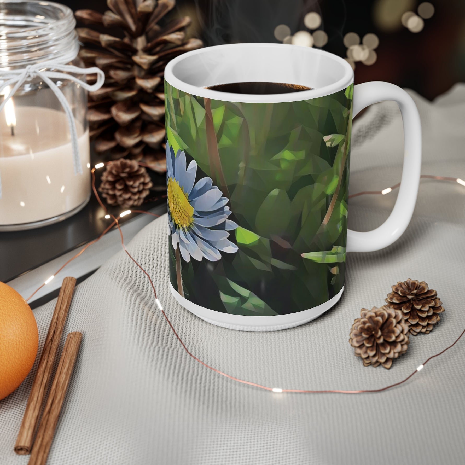 Ceramic White Cup 15oz - Poly Art - Flower of Daisies (Variant 4)
