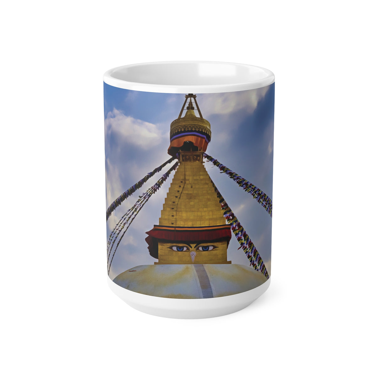 Ceramic White Cup 15oz - Nepal, Stupa with Buddha's Eyes (Variant 5)