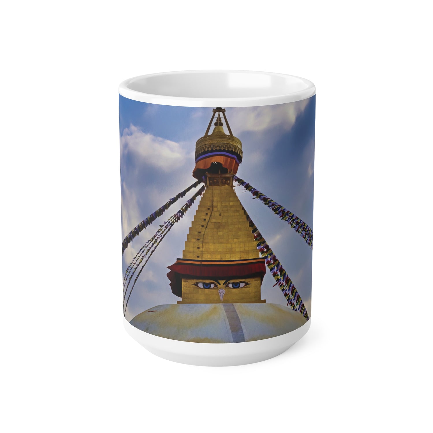 Ceramic White Cup 15oz - Nepal, Stupa with Buddha's Eyes (Variant 5)