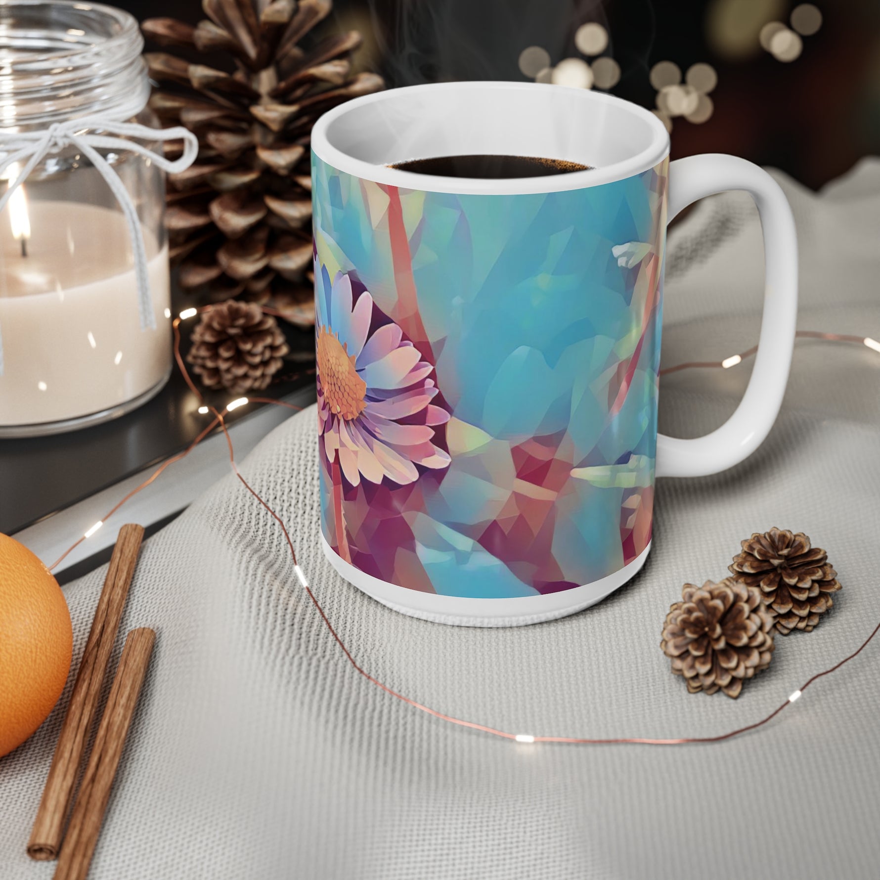 Ceramic White Cup 15oz - Poly Art - Flower of Daisies (Variant 6)