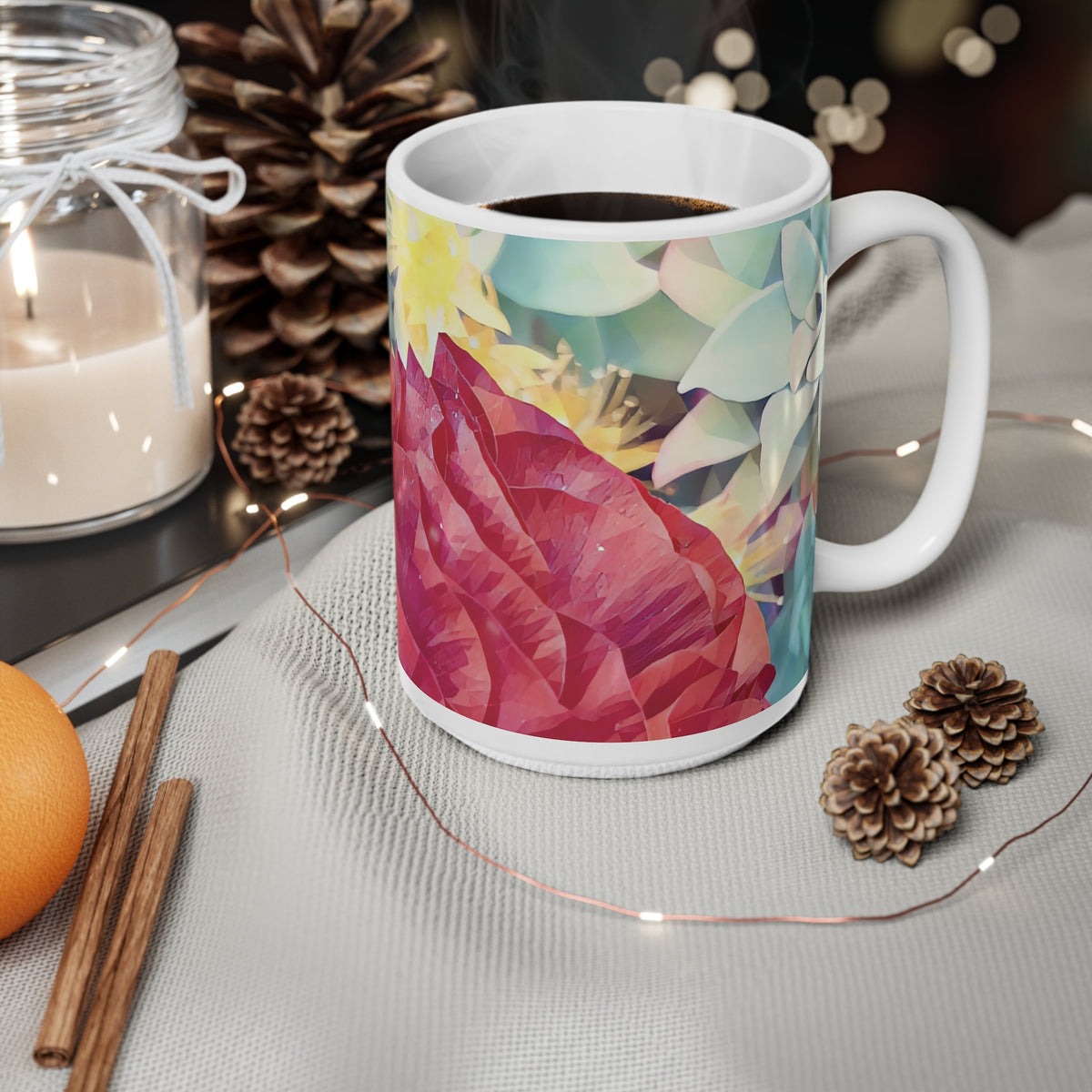 Ceramic White Cup 15oz - Poly Art - Flower of Dahlia in Red (Variant 1)