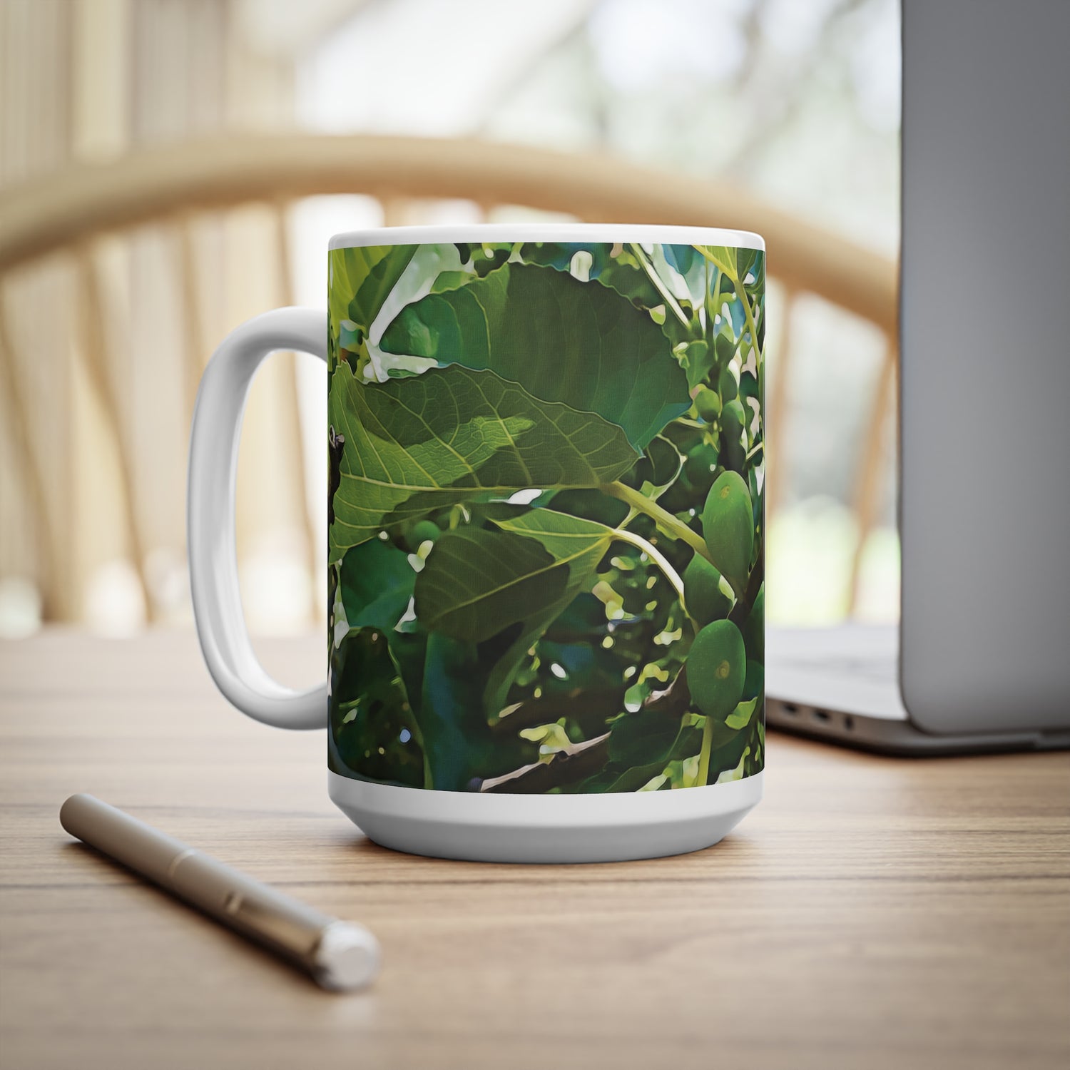 Ceramic White Cup 15oz - Fig's Plant, with Fruits and Leaves