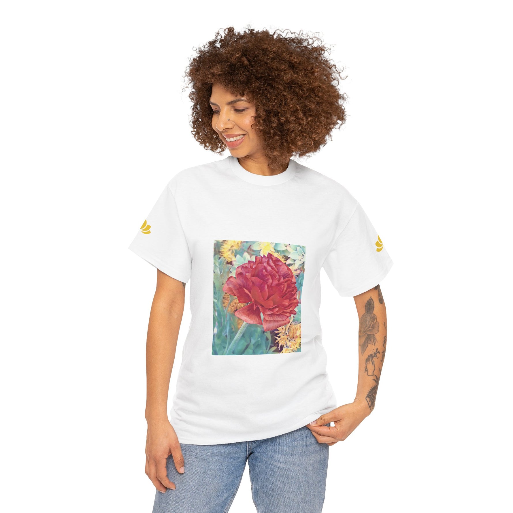 Unisex Heavy Cotton Tee - Poly Art - Flower of Dahlia in Red