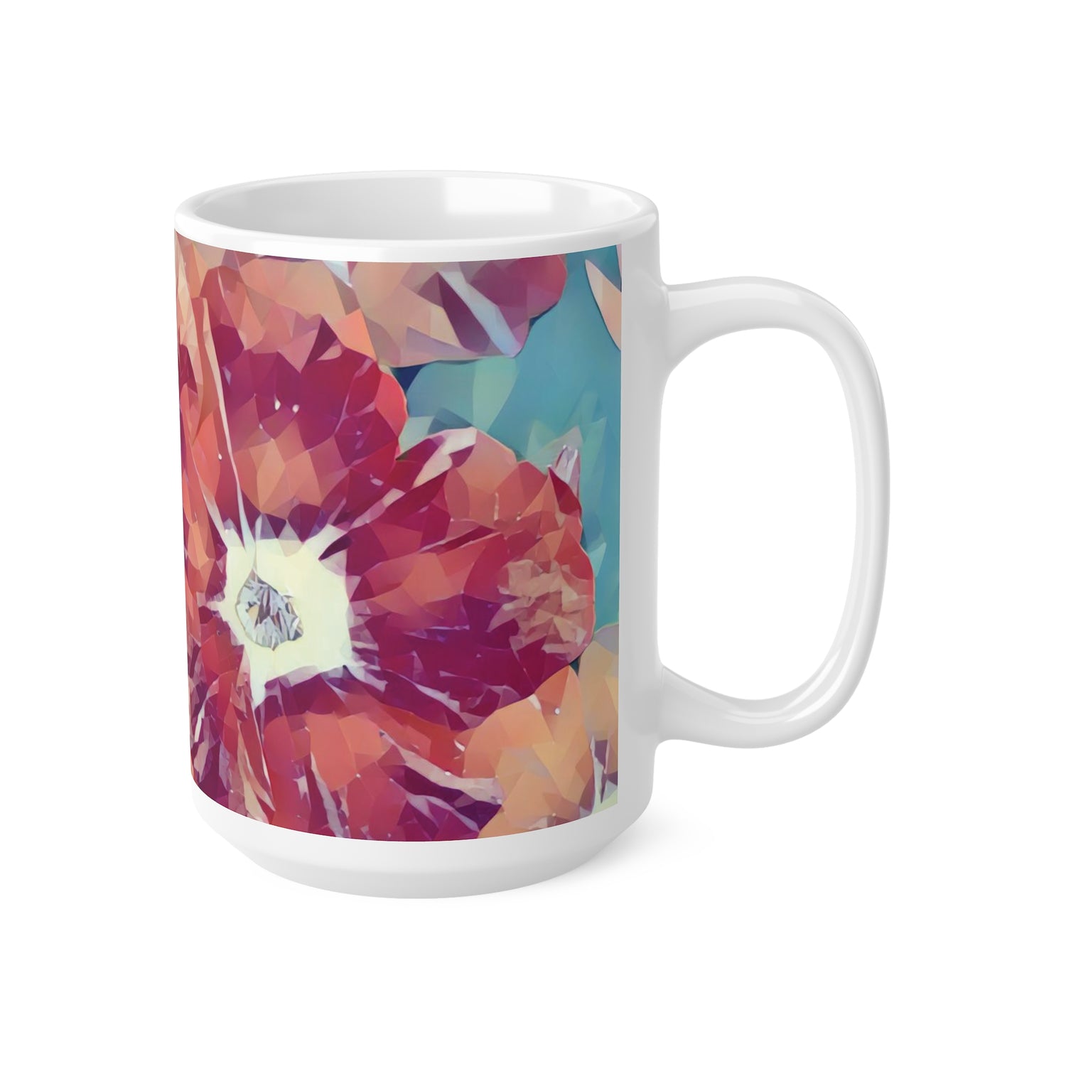 Ceramic White Cup 15oz - Poly Art - Flowers in sky blue and red (Variant 1)