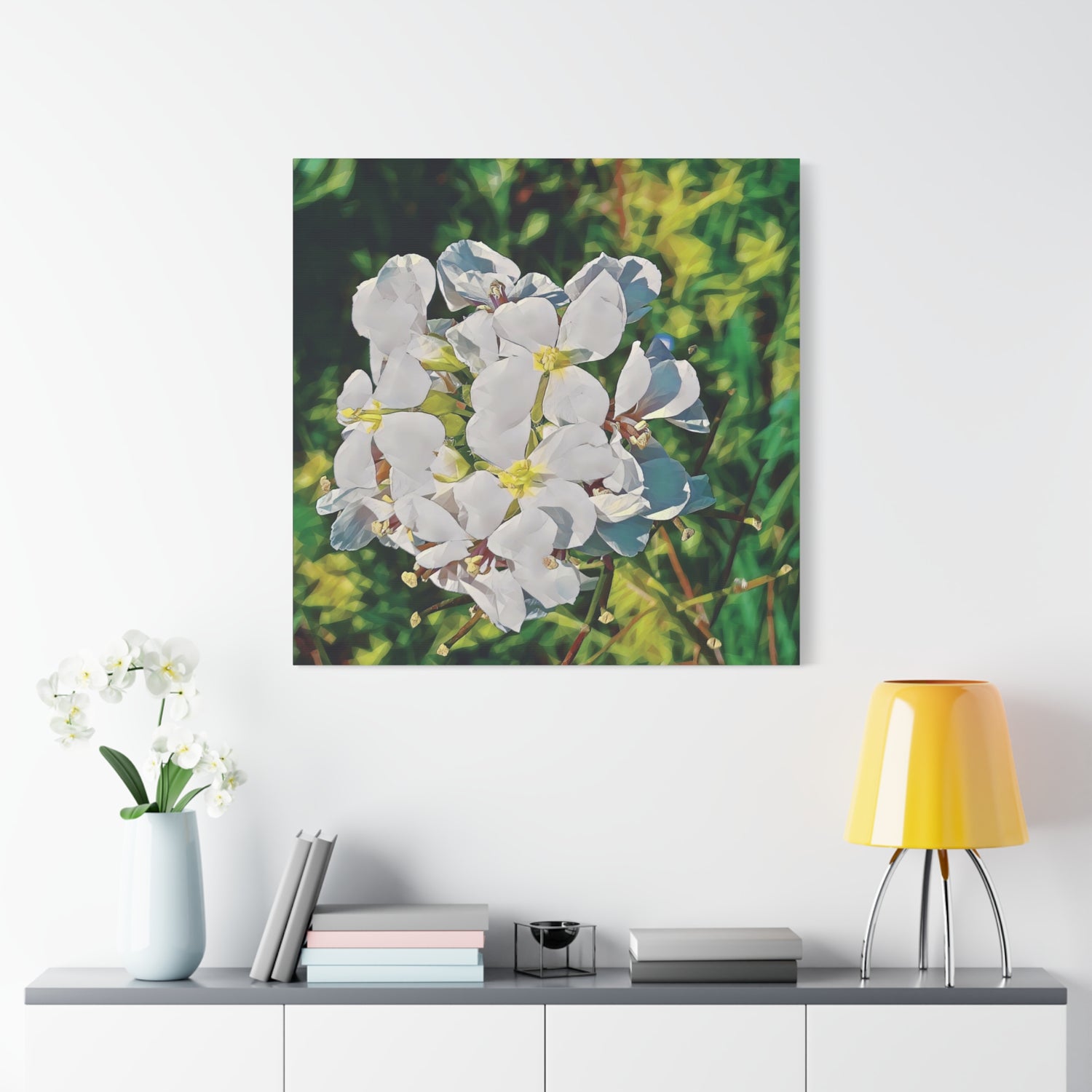 Stretched Matte Canvas - Poly Art - Flower, White