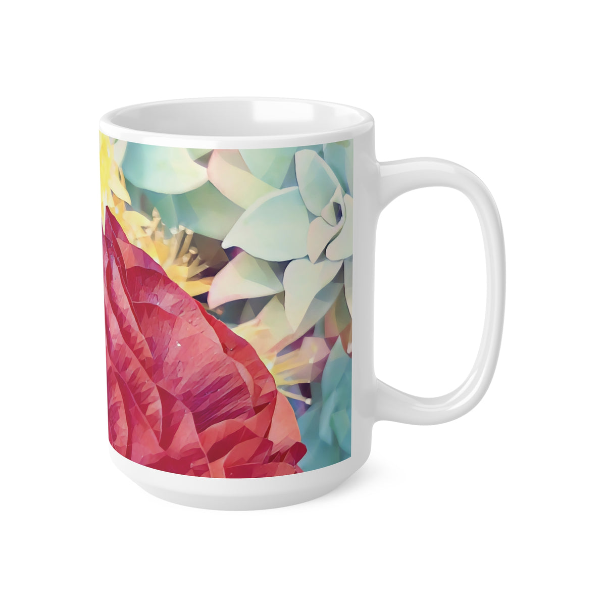 Ceramic White Cup 15oz - Poly Art - Flower of Dahlia in Red (Variant 1)
