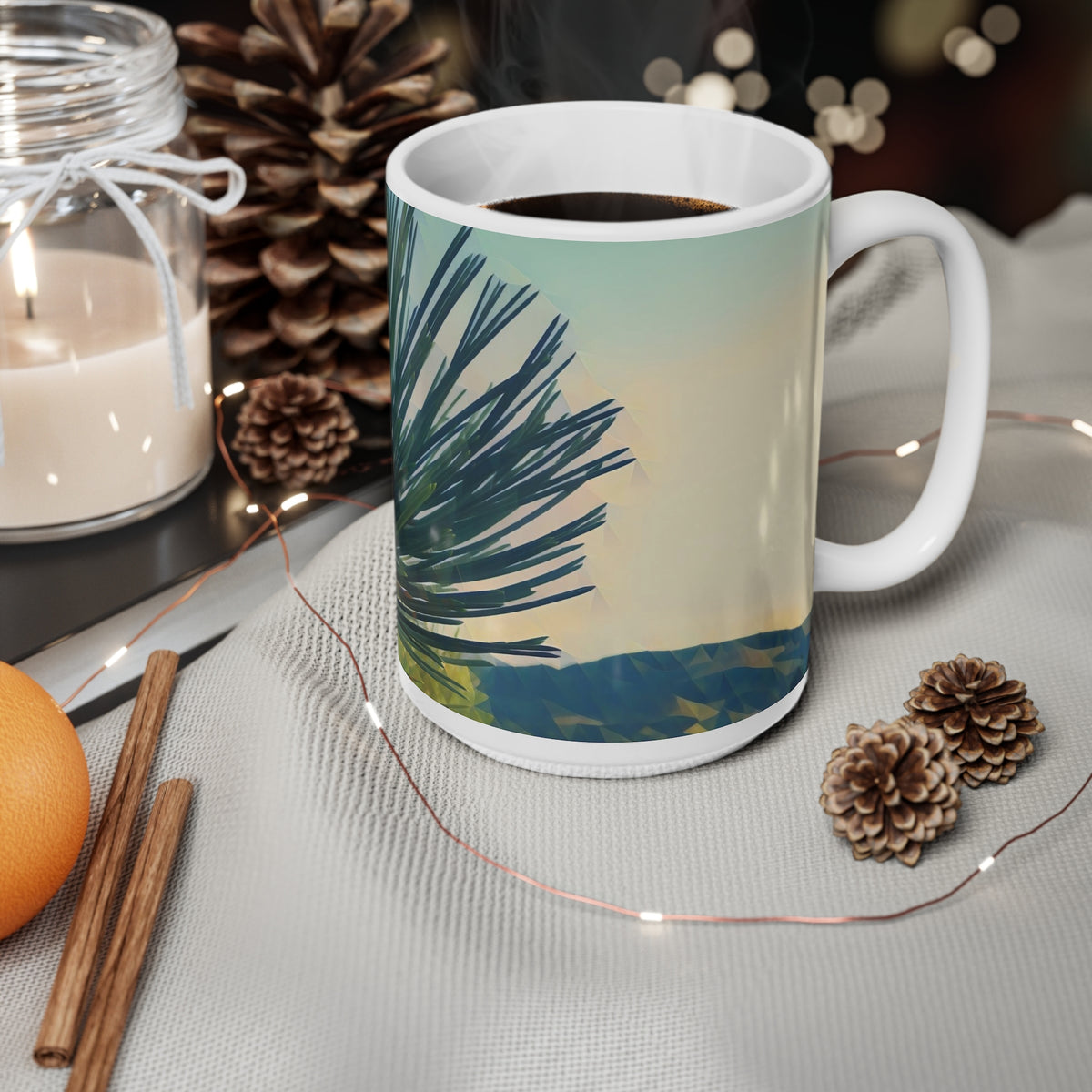 Ceramic White Cup 15oz - Poly Art - Fir Pinecone