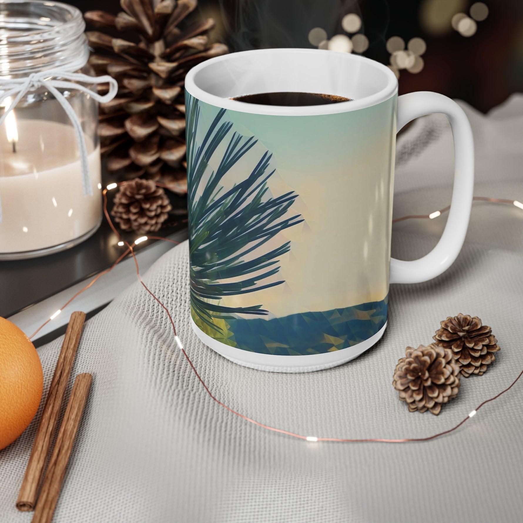 Ceramic White Cup 15oz - Poly Art - Fir Pinecone