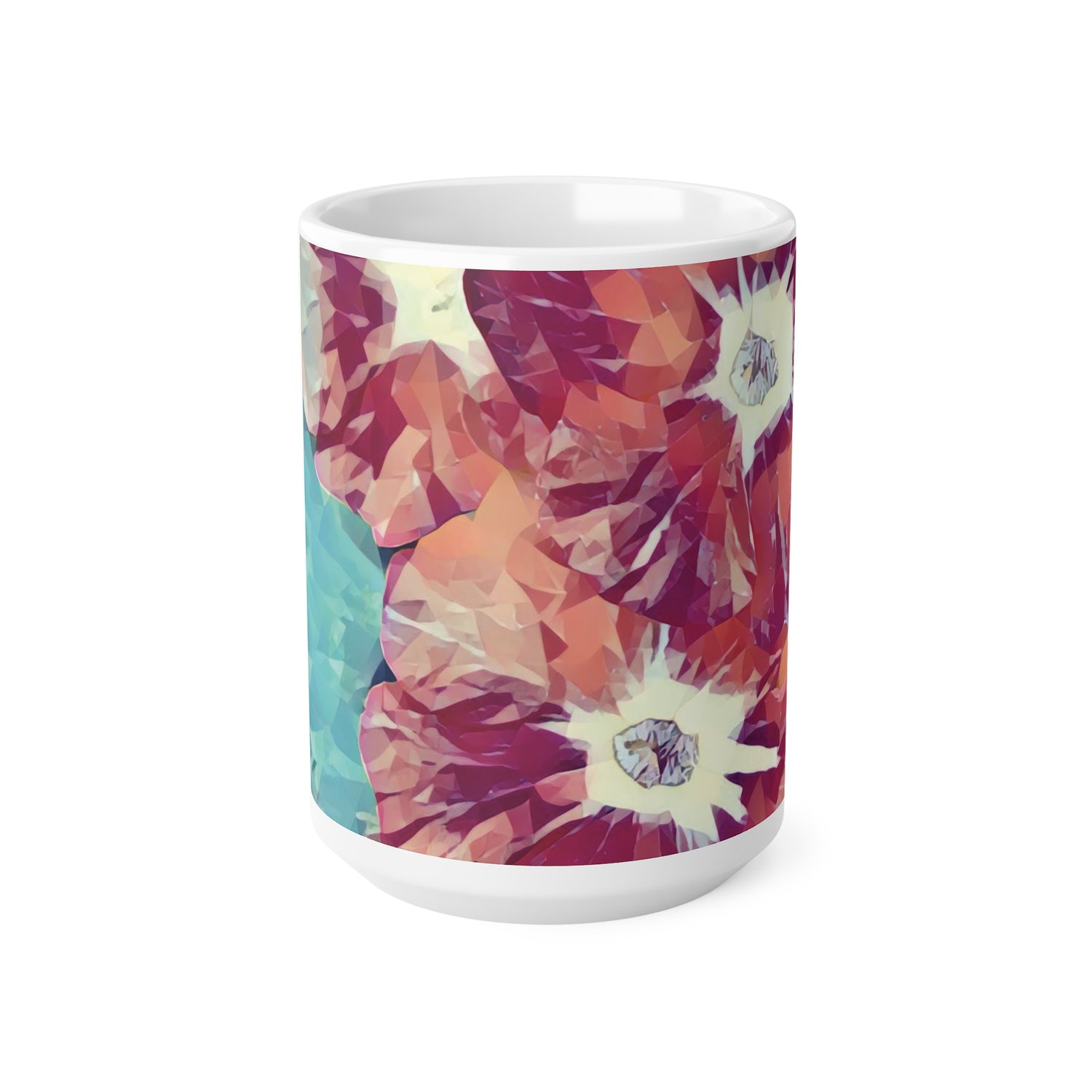 Ceramic White Cup 15oz - Poly Art - Flowers in sky blue and red (Variant 2)