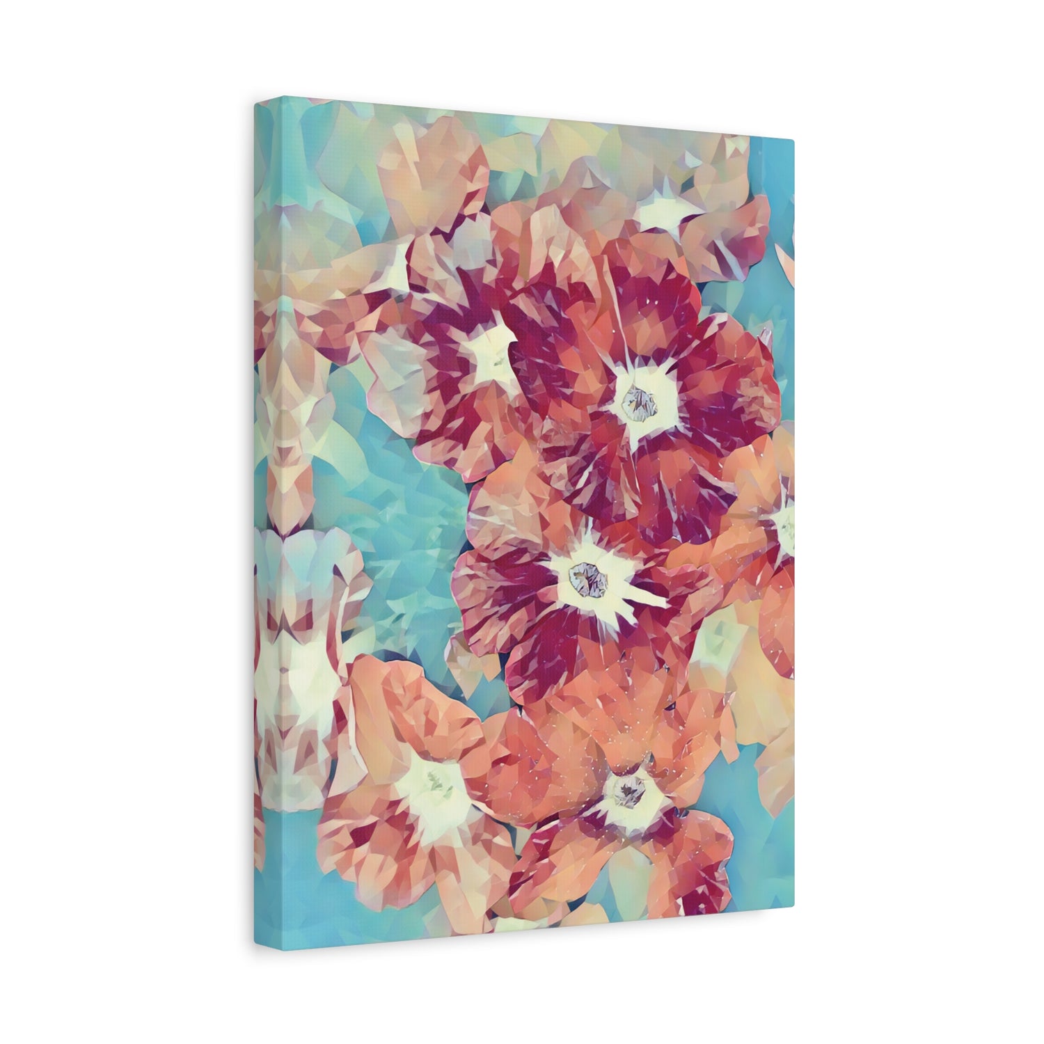 Stretched Matte Canvas - Poly Art - Flowers in light blue and red