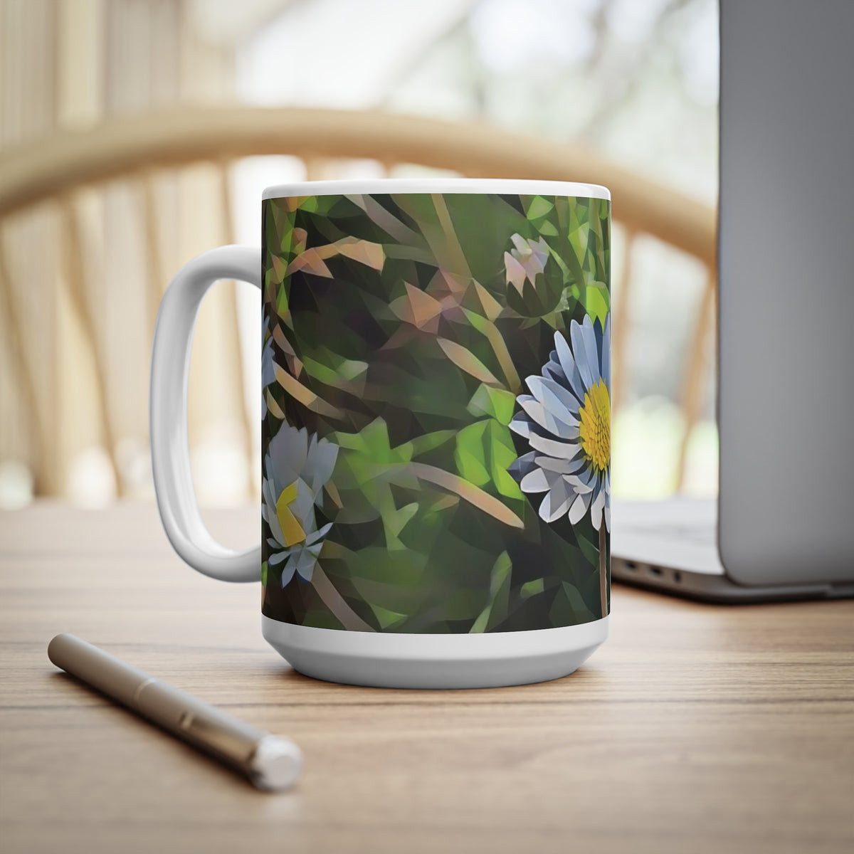 Ceramic White Cup 15oz - Poly Art - Flower of Daisies (Variant 4)
