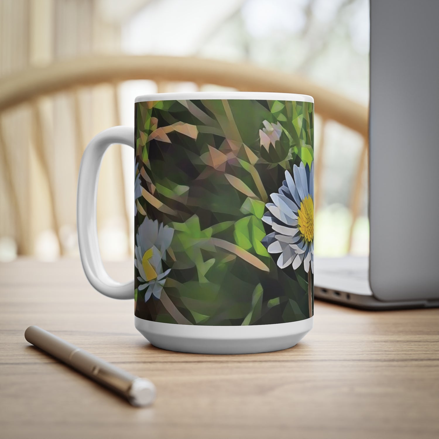 Ceramic White Cup 15oz - Poly Art - Flower of Daisies (Variant 4)