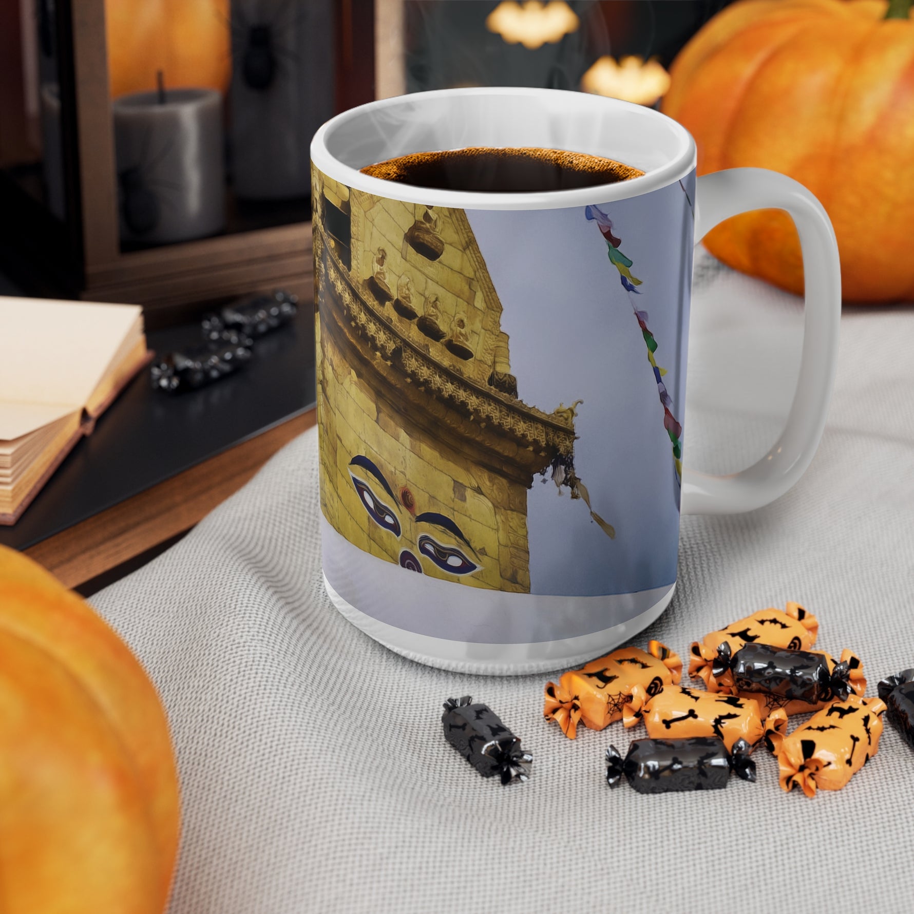 Ceramic White Cup 15oz - Nepal, Stupa with Buddha's Eyes (Variant 1)