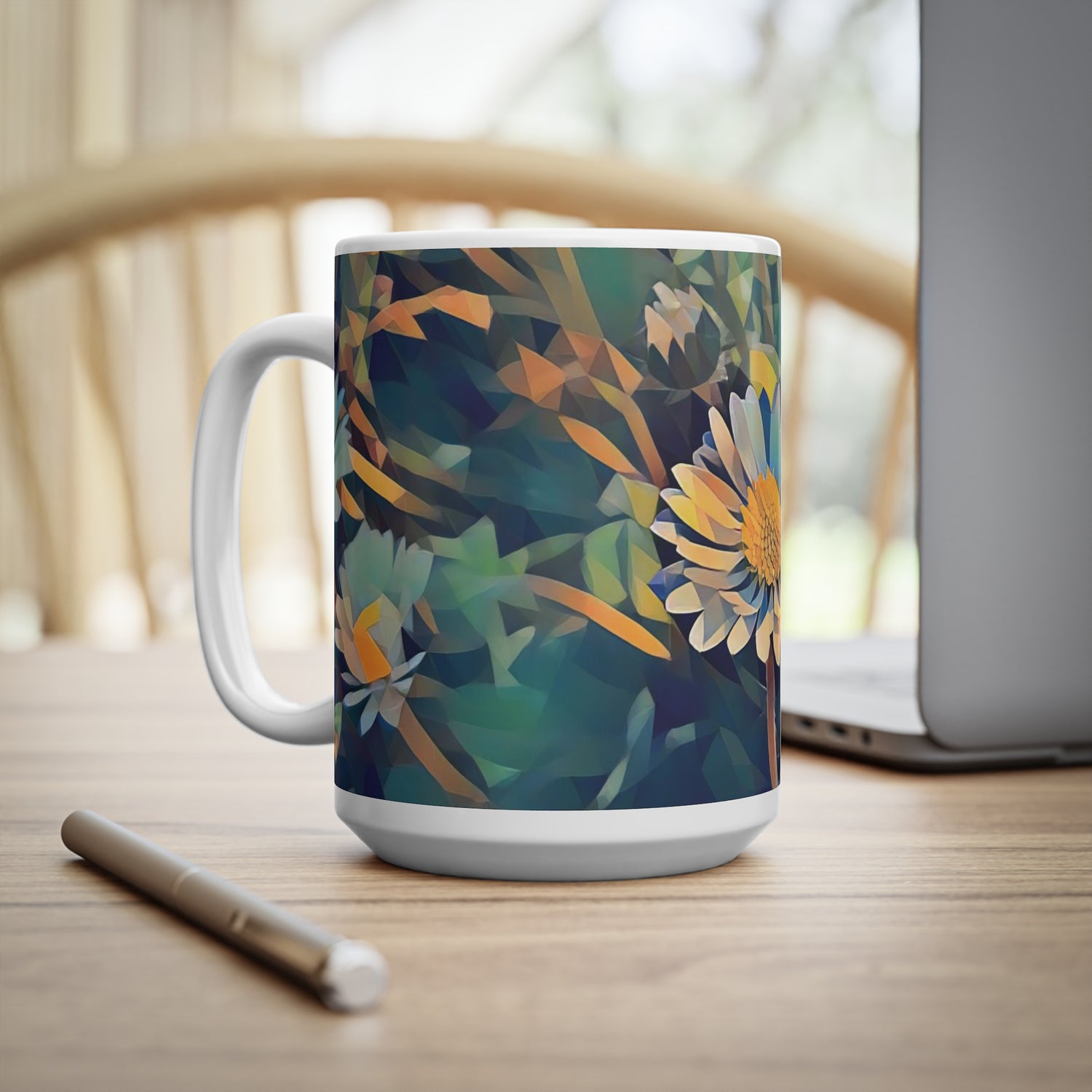 Ceramic White Cup 15oz - Poly Art - Flower of Daisies (Variant 5)