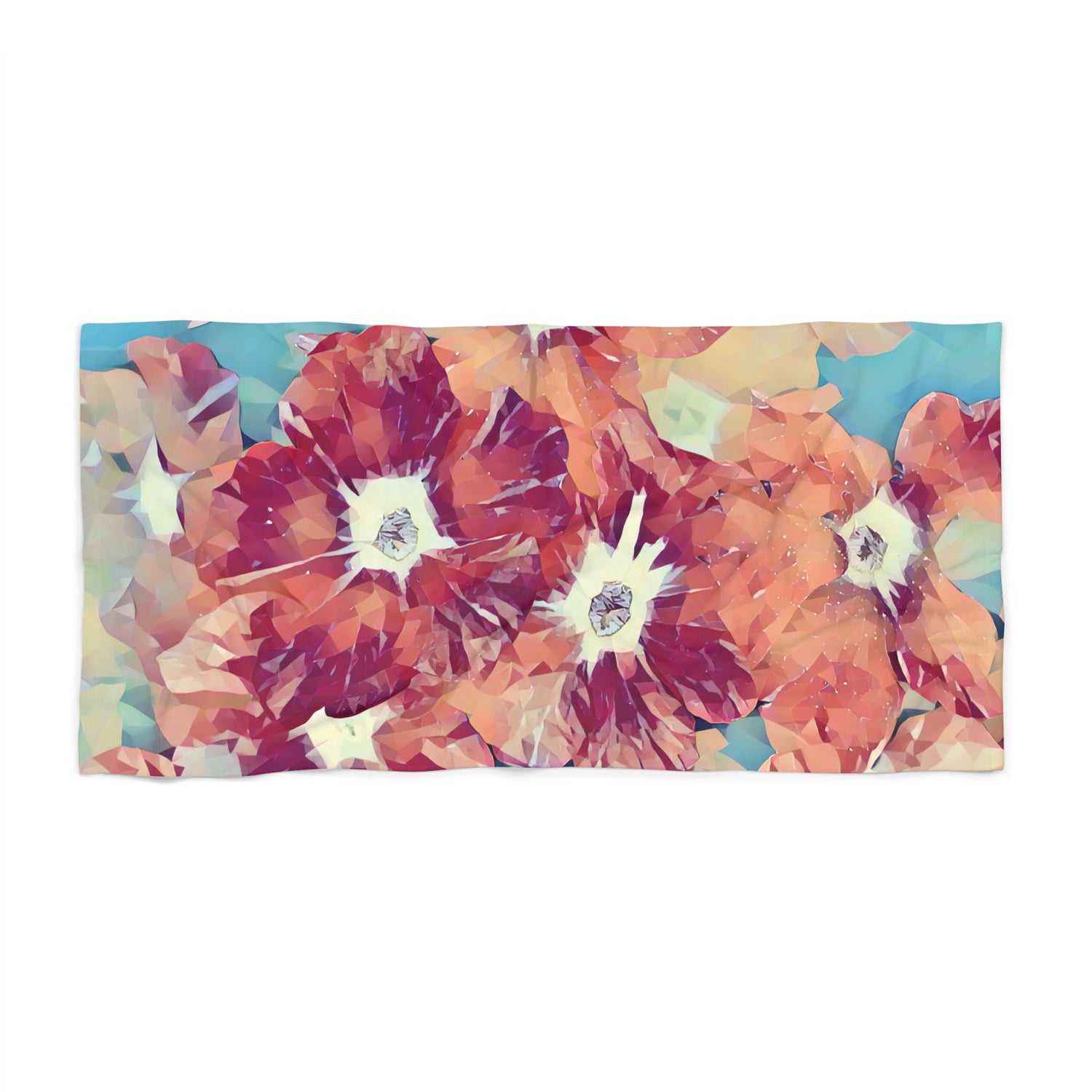 Beach Towel – Poly Art - Flowers, Light Blue and Red (Variant 2)