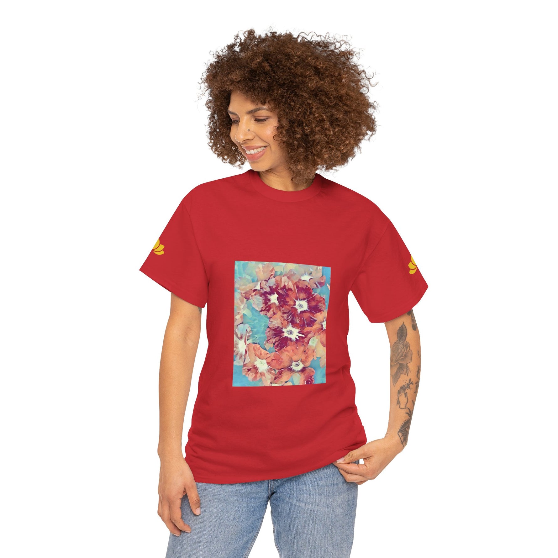 Unisex Heavy Cotton Tee - Poly Art - Flower of in sky blue and red