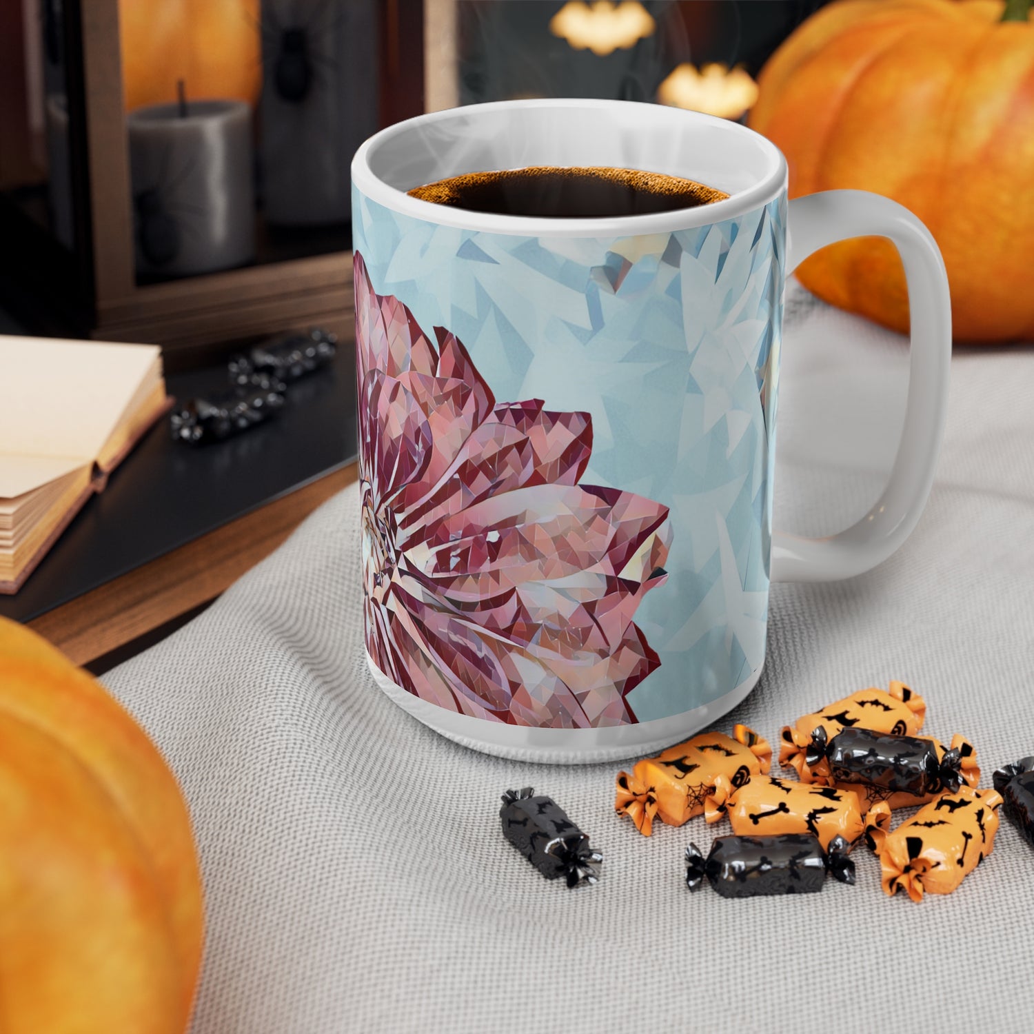 Ceramic White Cup 15oz - Poly Art - Flower of Dahlia (Variant 2)