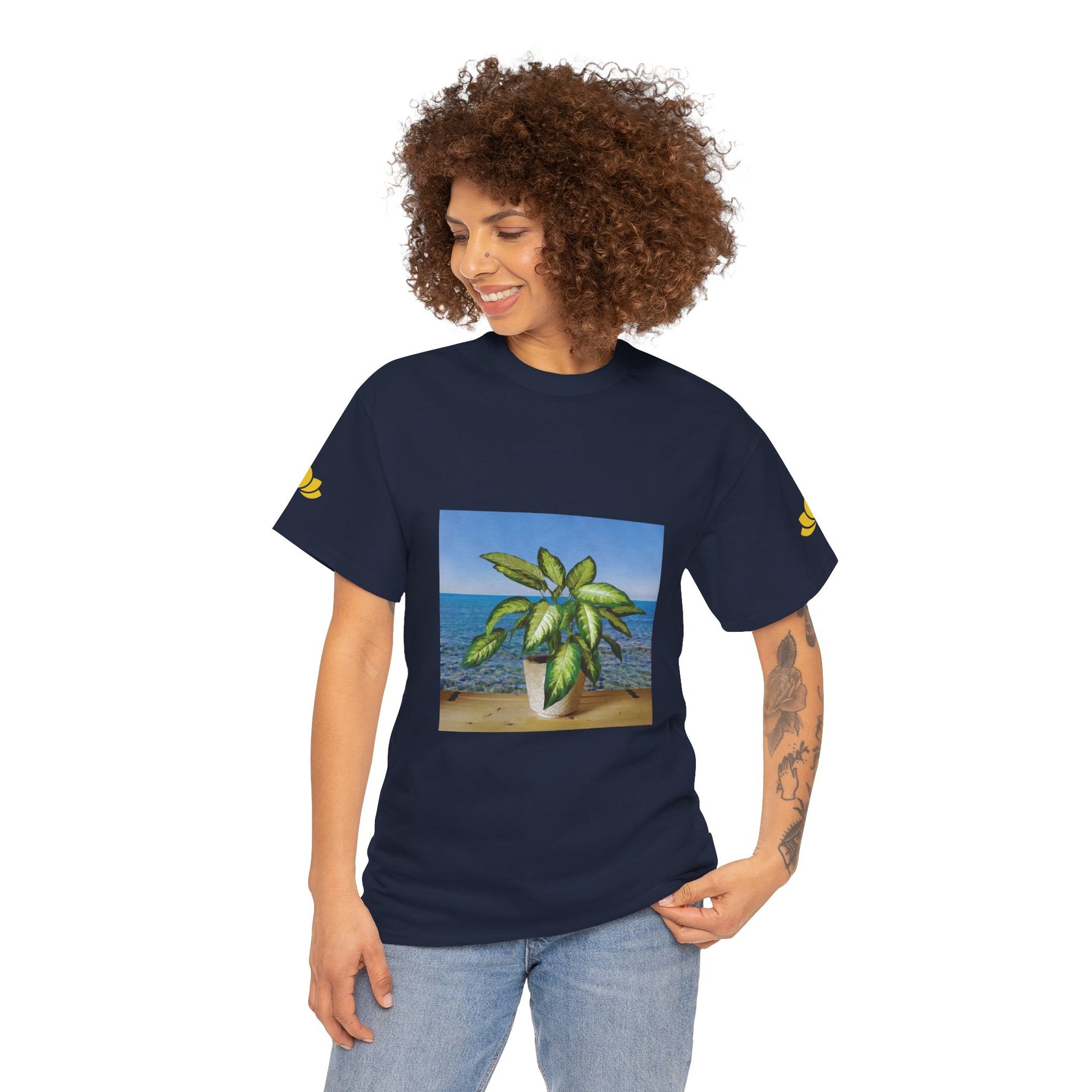 Unisex Heavy Cotton Tee - Dieffenbachia Plant and Sea landscape