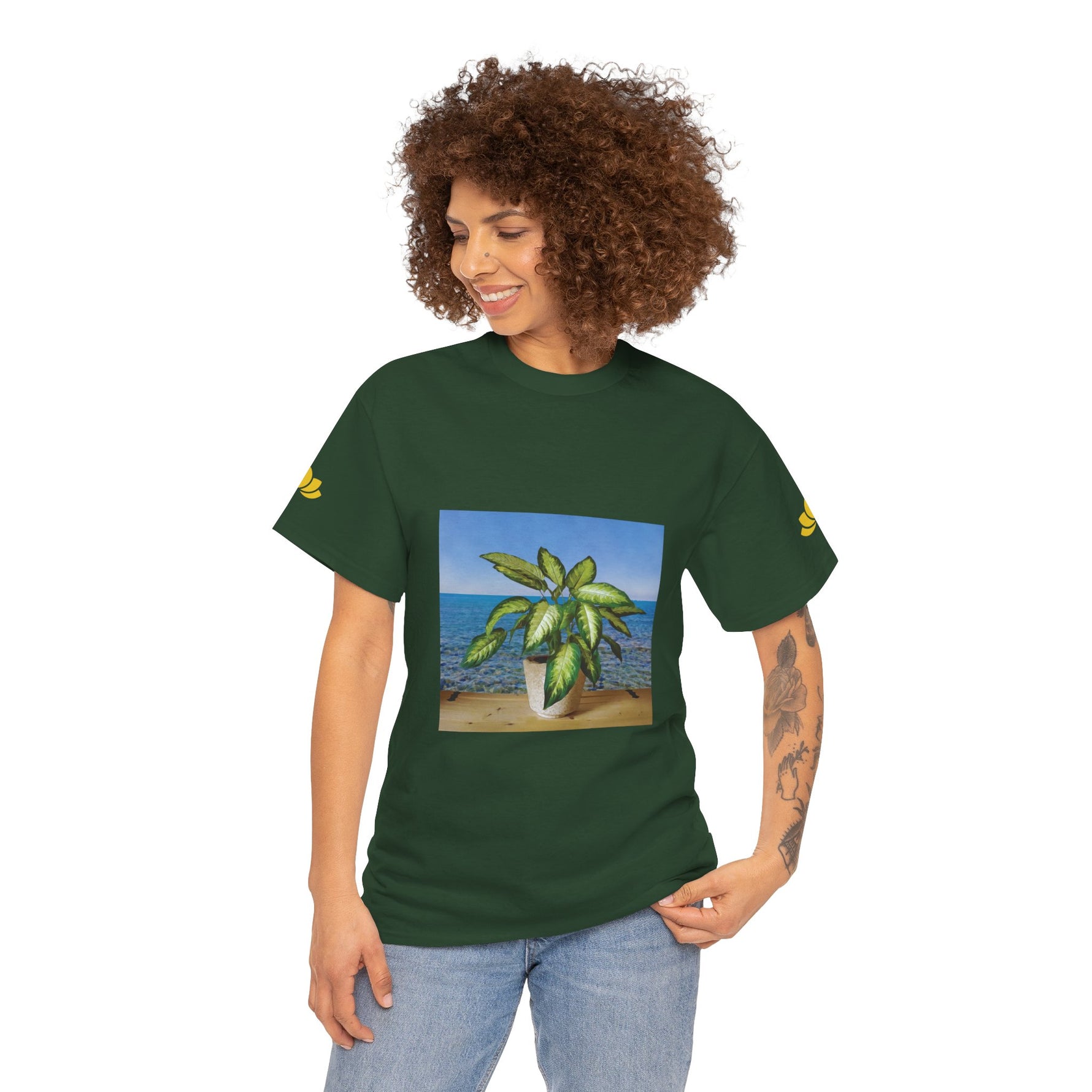 Unisex Heavy Cotton Tee - Dieffenbachia Plant and Sea landscape