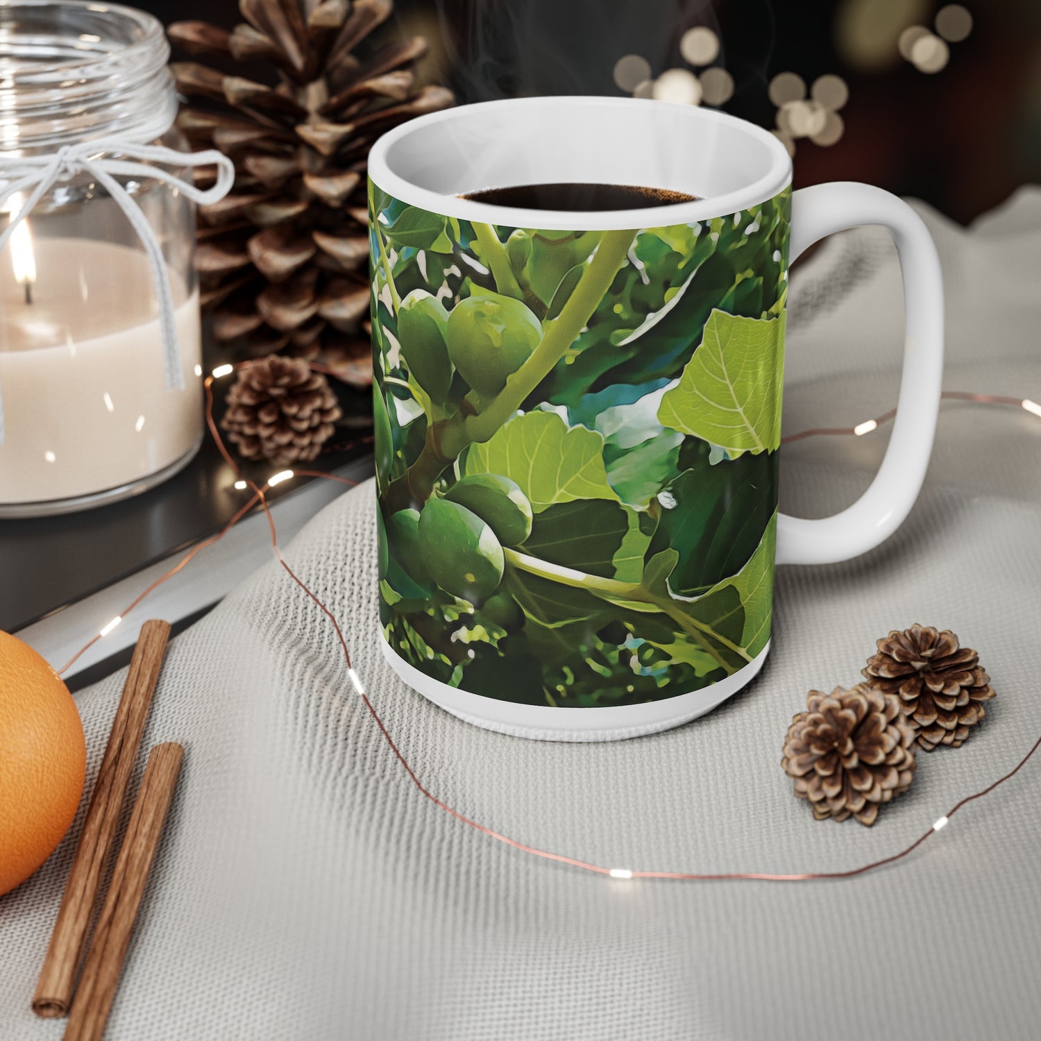 Ceramic White Cup 15oz - Fig's Plant, with Fruits and Leaves