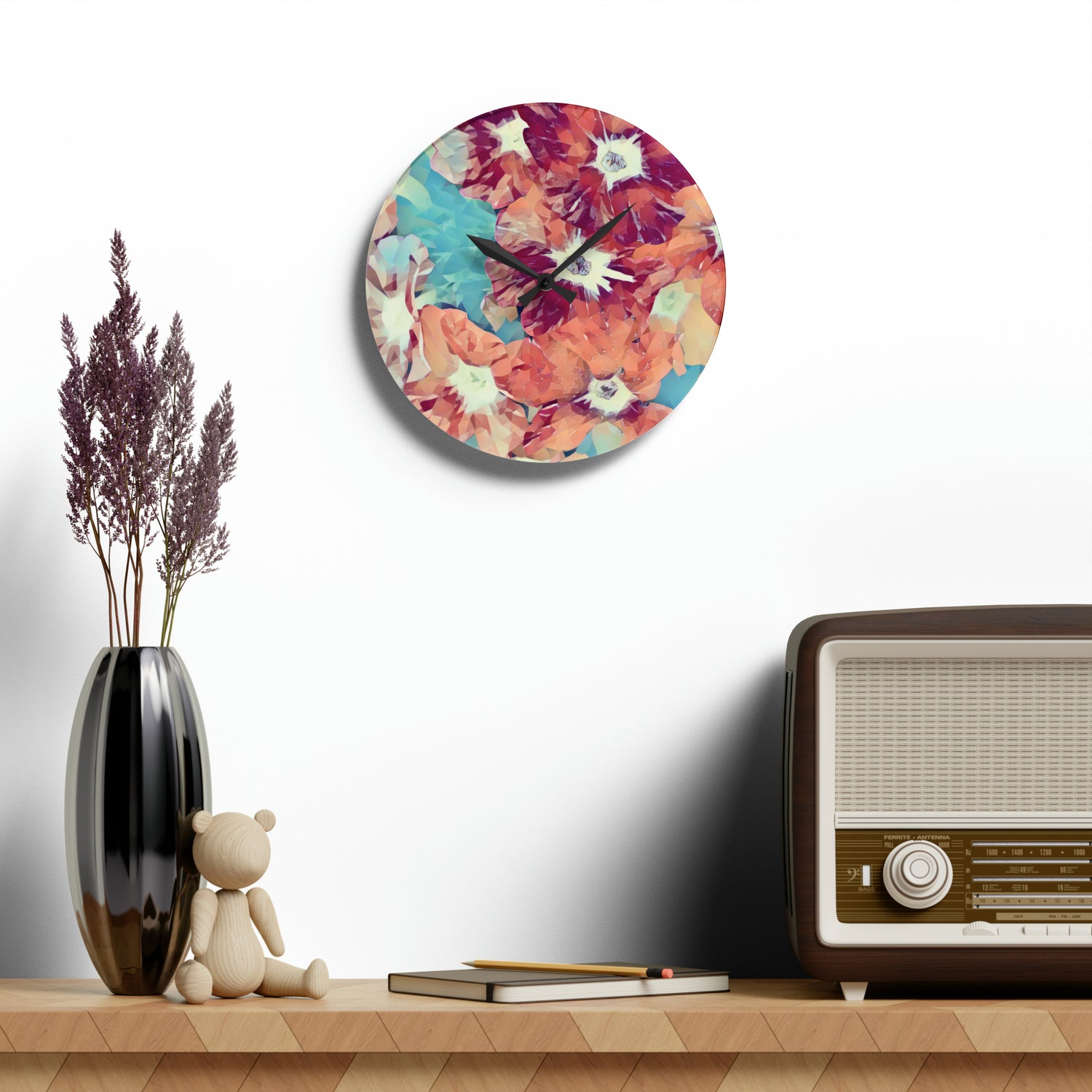 Acrylic Wall Clock - Poly Art - Flowers in Sky Blue and Red (Variant 2)