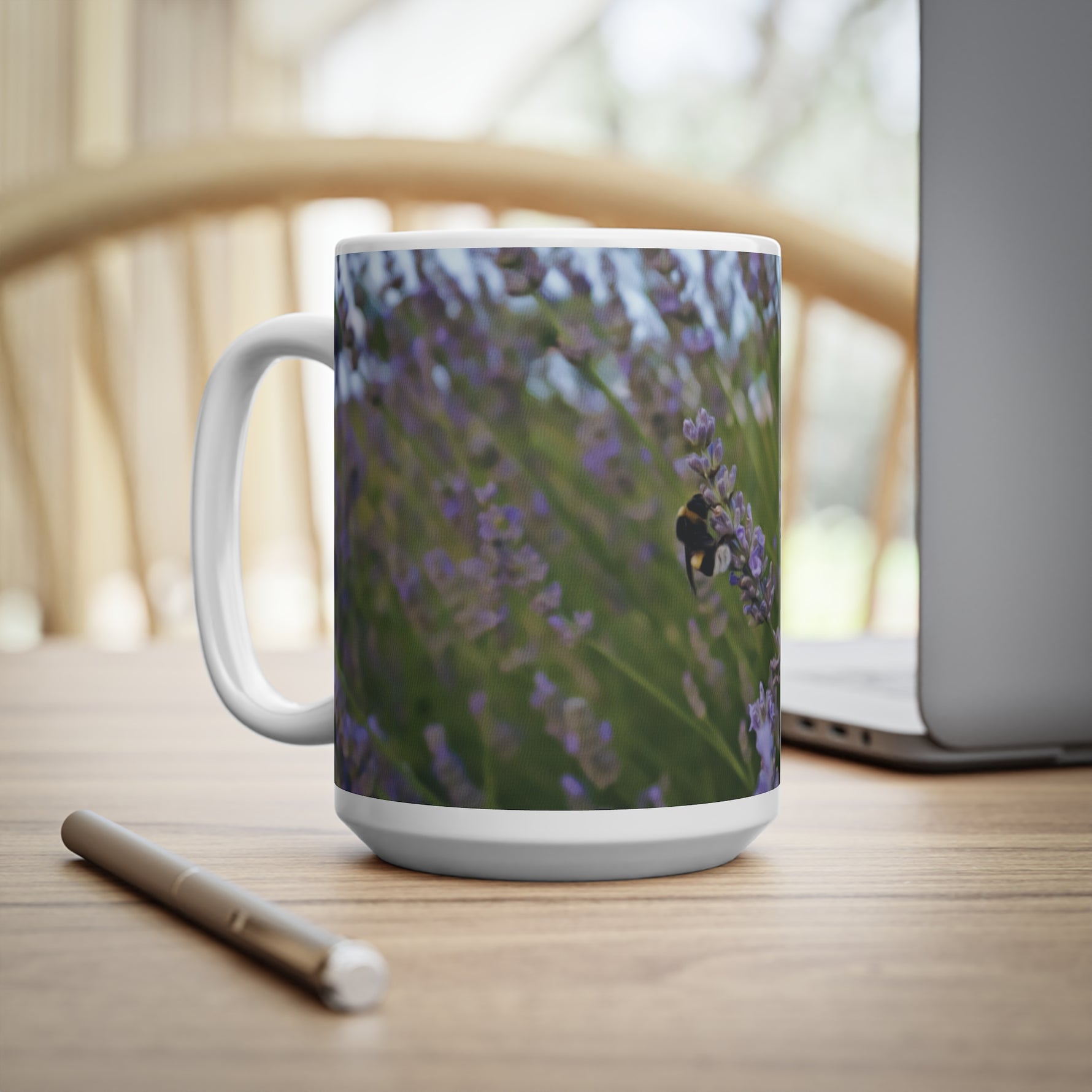 Ceramic White Cup 15oz - Flower of Lavender with bombus insect (Variant 2)