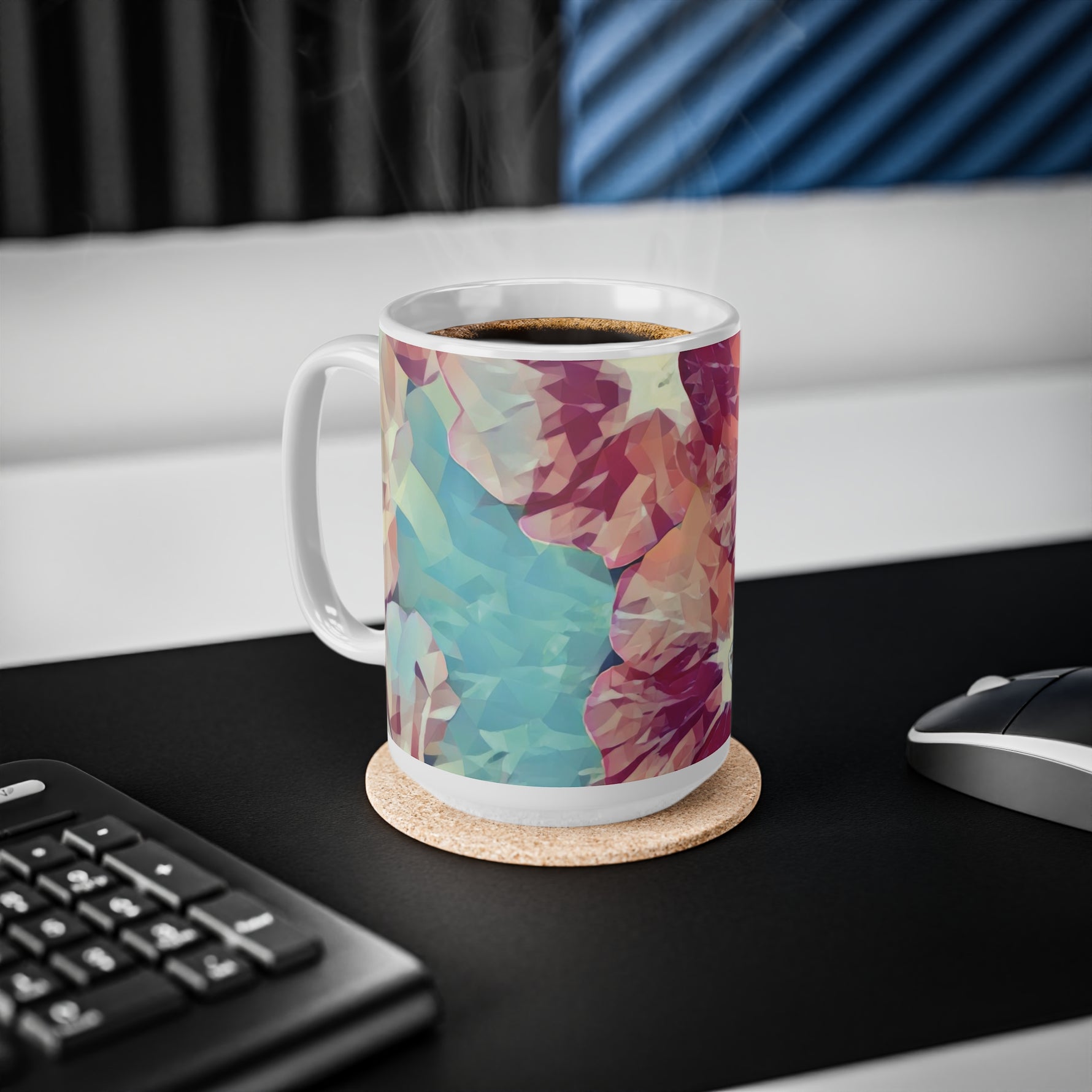 Ceramic White Cup 15oz - Poly Art - Flowers in sky blue and red (Variant 2)