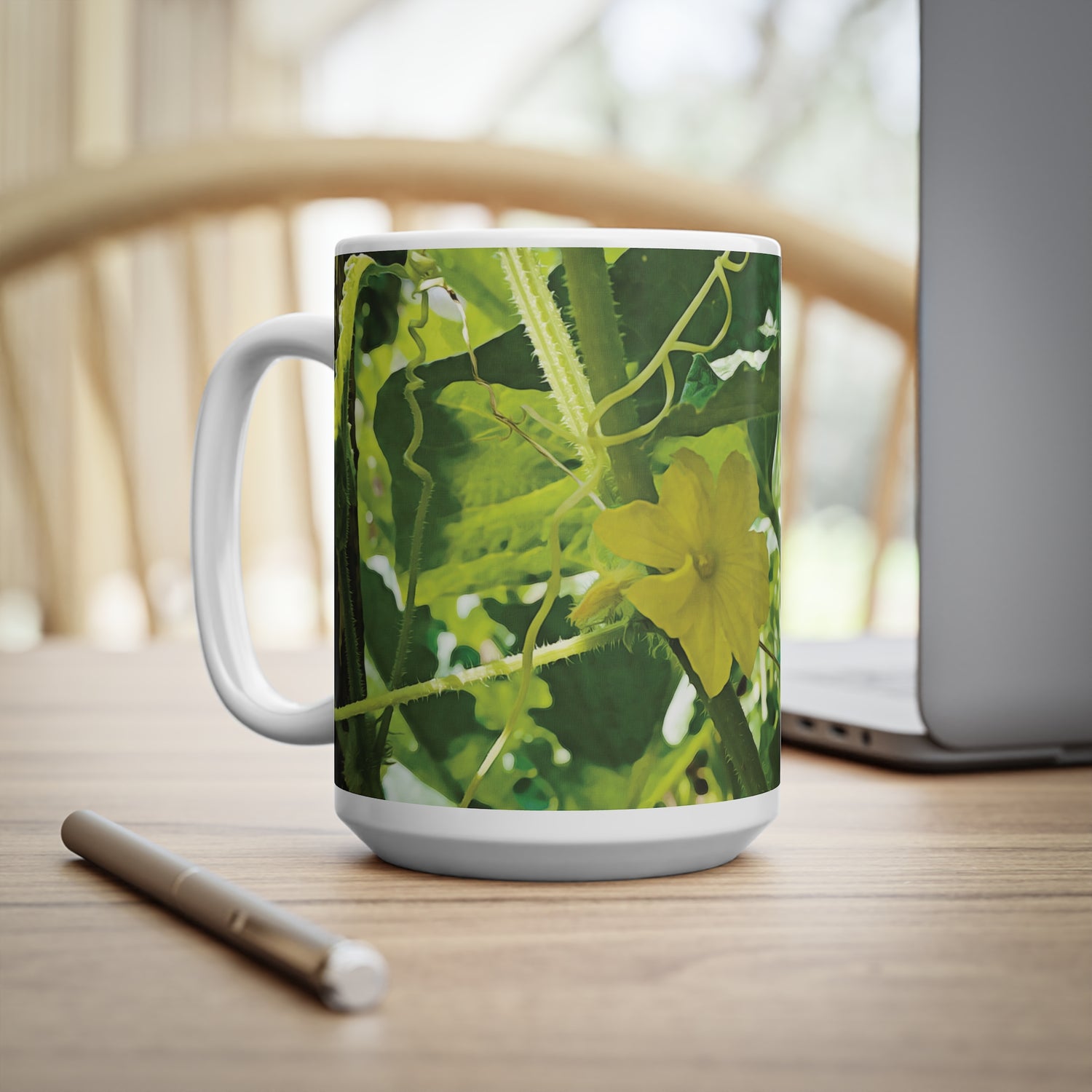 Ceramic White Cup 15oz - Flower of Cucumber