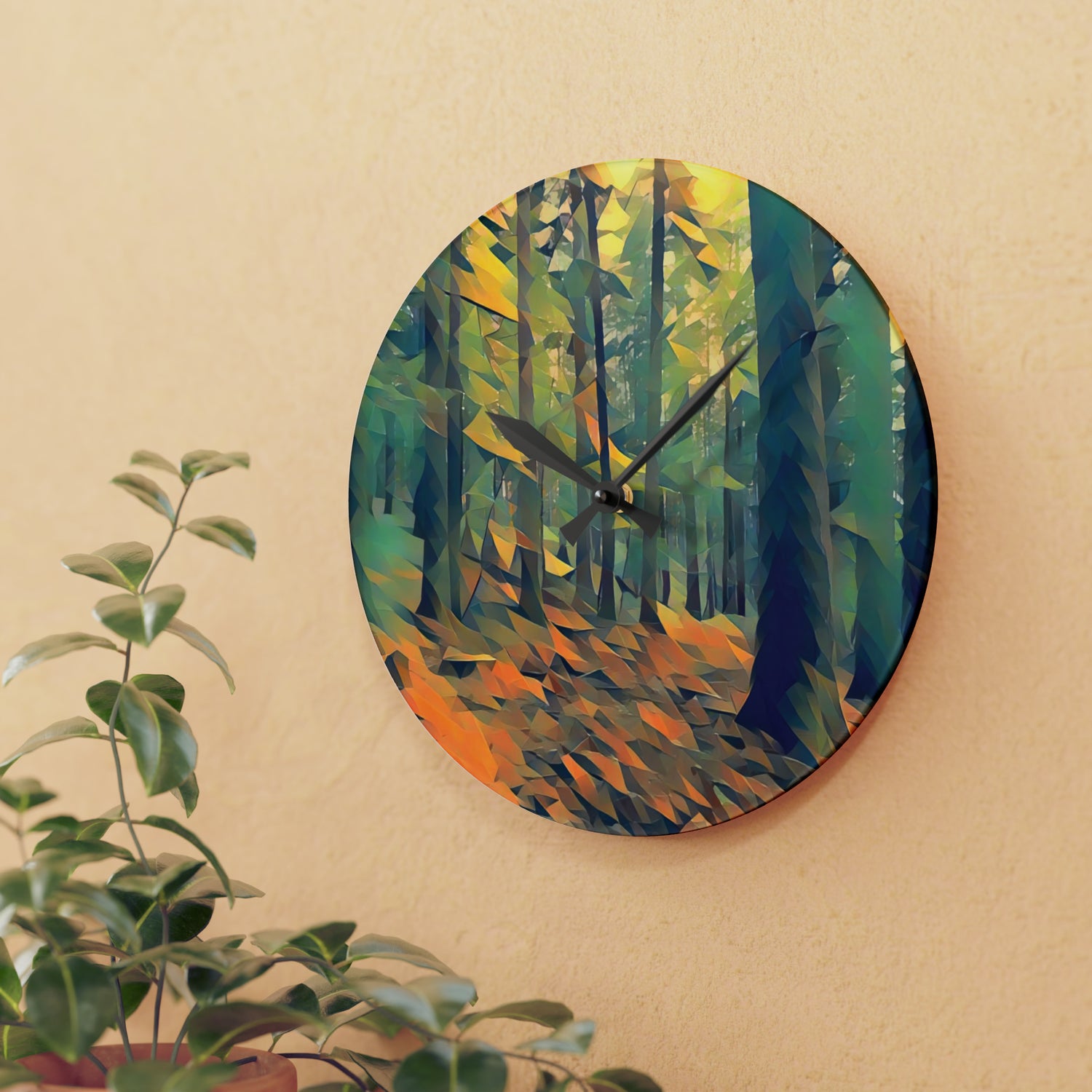 Acrylic Wall Clock - Poly Art - Forest, a Path (Variant 2)