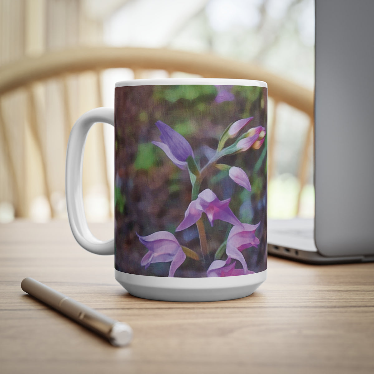 Ceramic White Cup 15oz - Flower of Cephalanthera Rubra