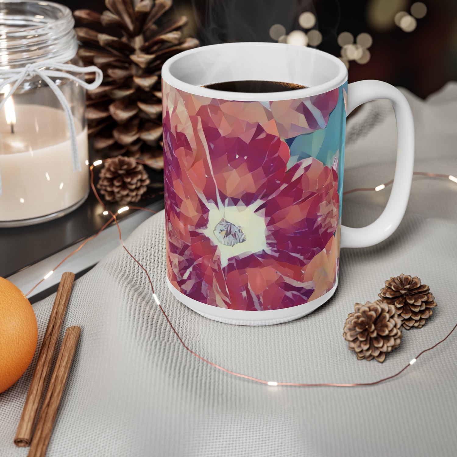 Ceramic White Cup 15oz - Poly Art - Flowers in sky blue and red (Variant 1)