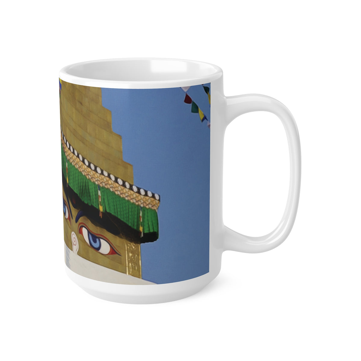 Ceramic White Cup 15oz - Nepal, Stupa with Buddha's Eyes (Variant 3)