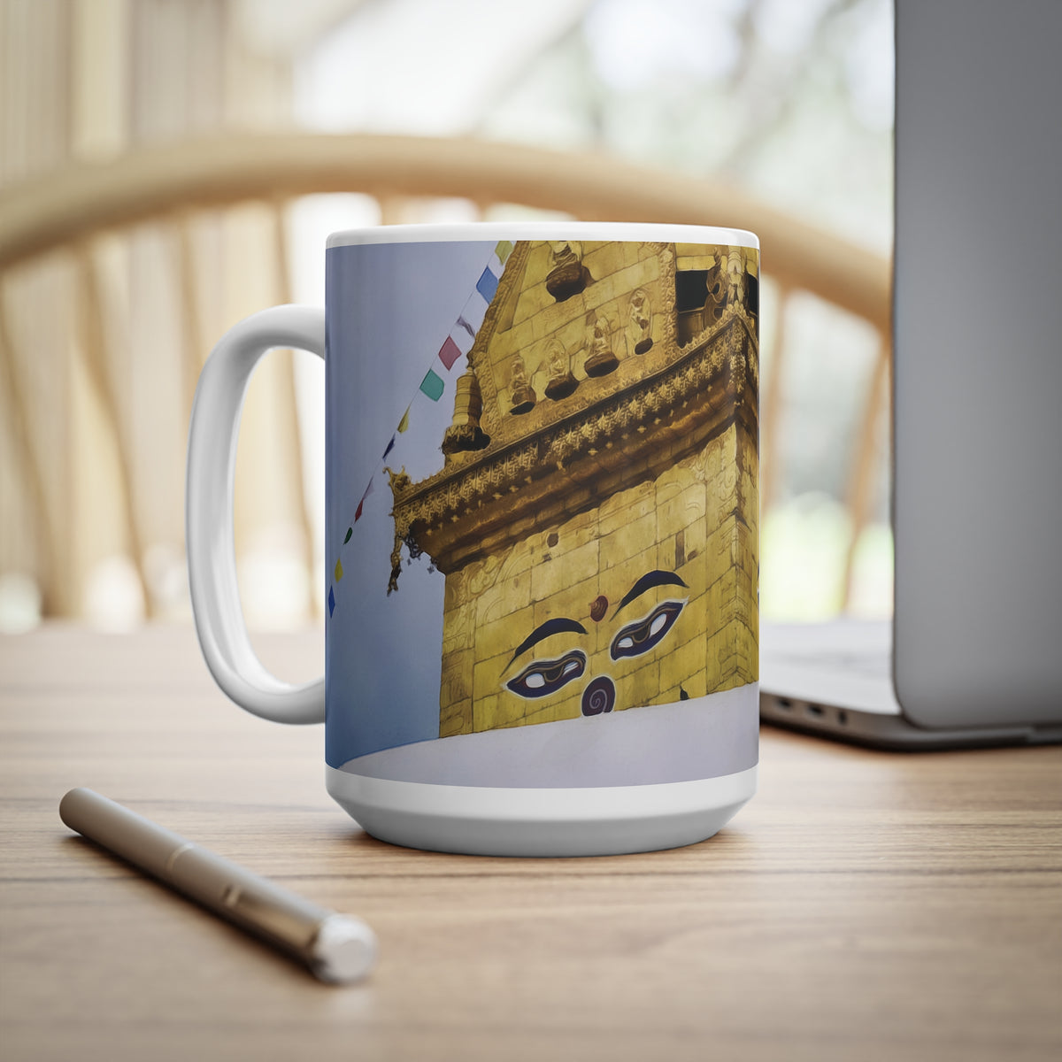 Ceramic White Cup 15oz - Nepal, Stupa with Buddha's Eyes (Variant 1)