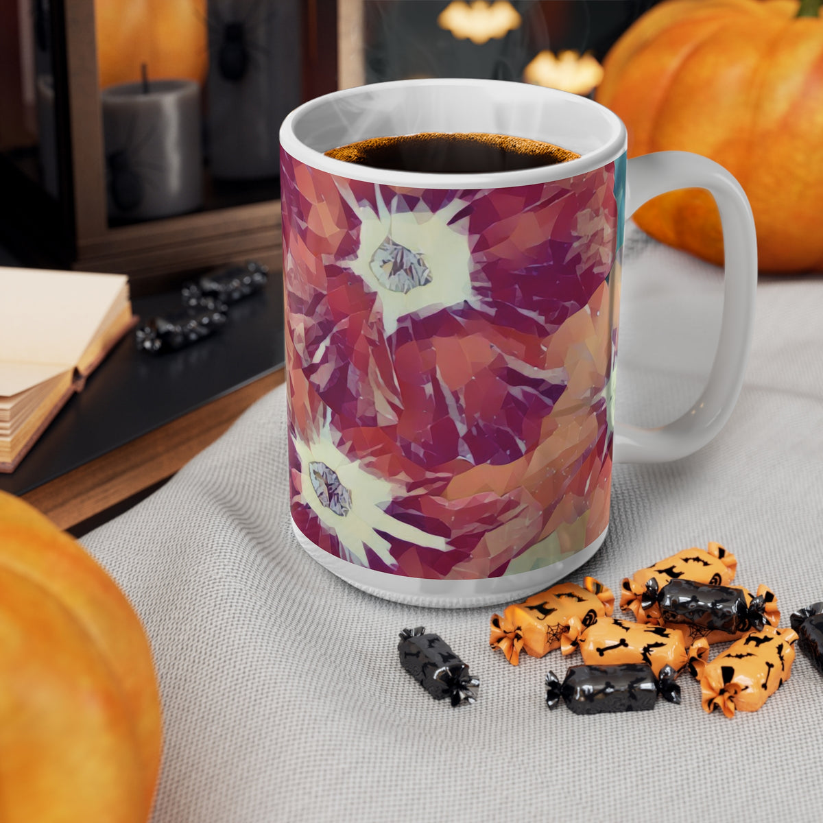 Ceramic White Cup 15oz - Poly Art - Flowers in sky blue and red (Variant 2)
