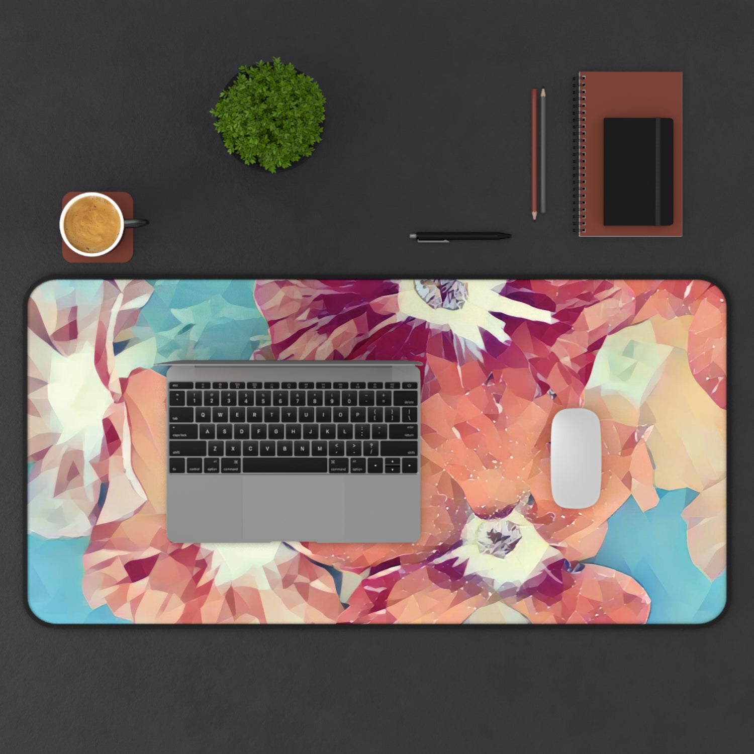 Desk Mat - Poly Art - Flowers, light blue and red colors (Variant 3)