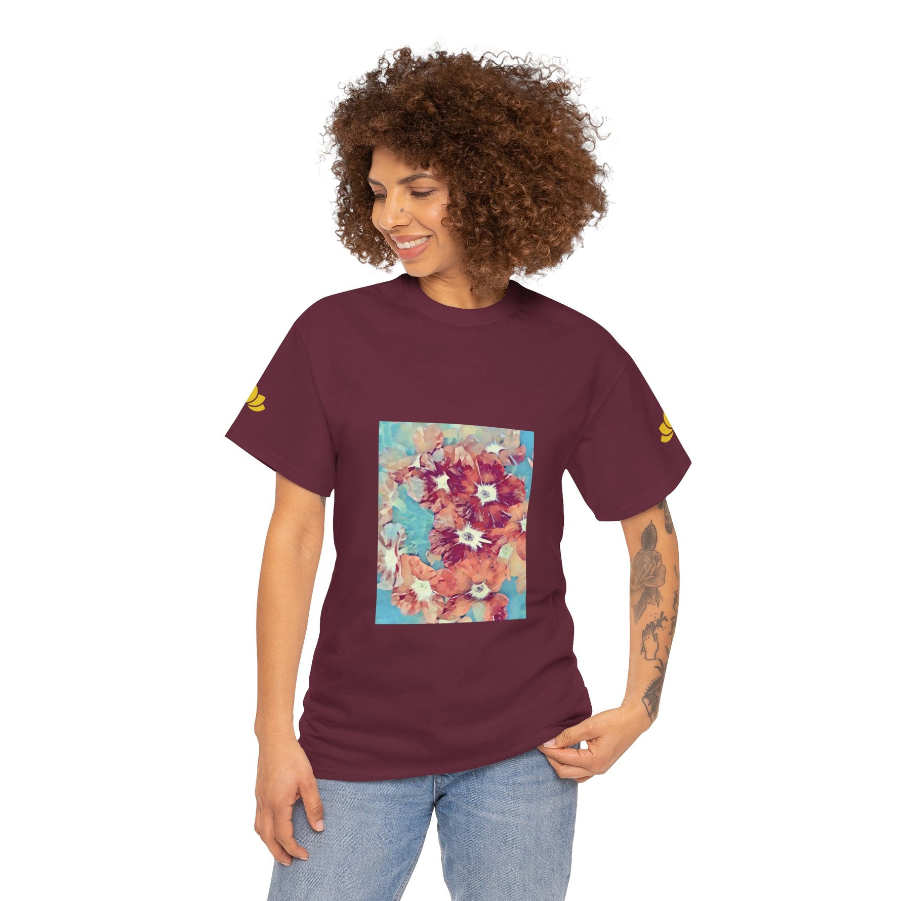 Unisex Heavy Cotton Tee - Poly Art - Flower of in sky blue and red
