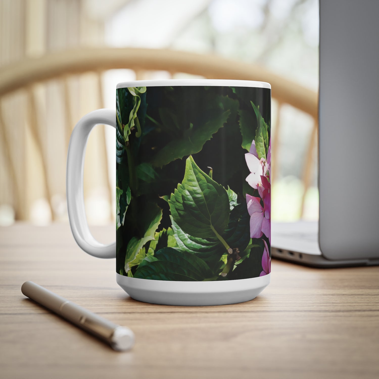 Ceramic White Cup 15oz - Flower of Ortensia/Hydrangea Macrophylla