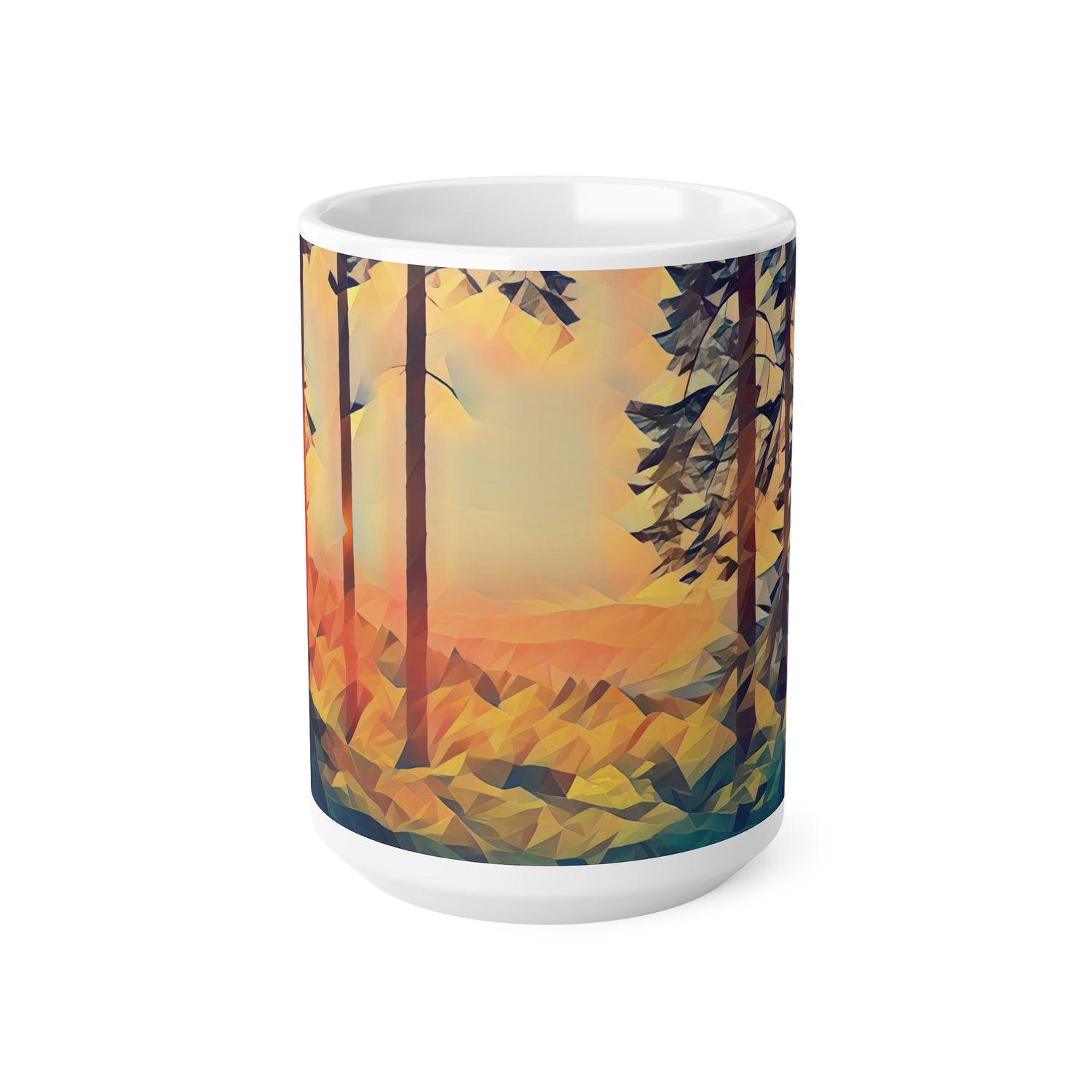 Ceramic White Cup 15oz - Poly Art - Forest Sunset (Variant 2)