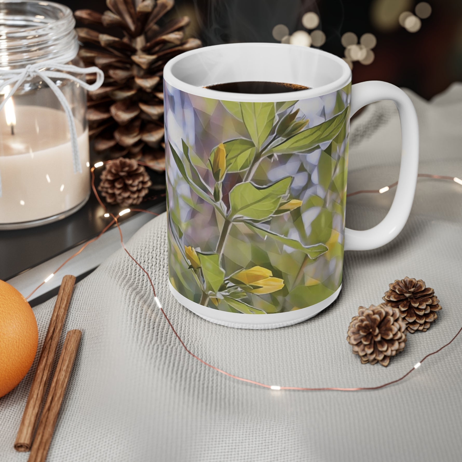 Ceramic White Cup 15oz - Poly Art - Flower of Lysimachia (Variant 2)
