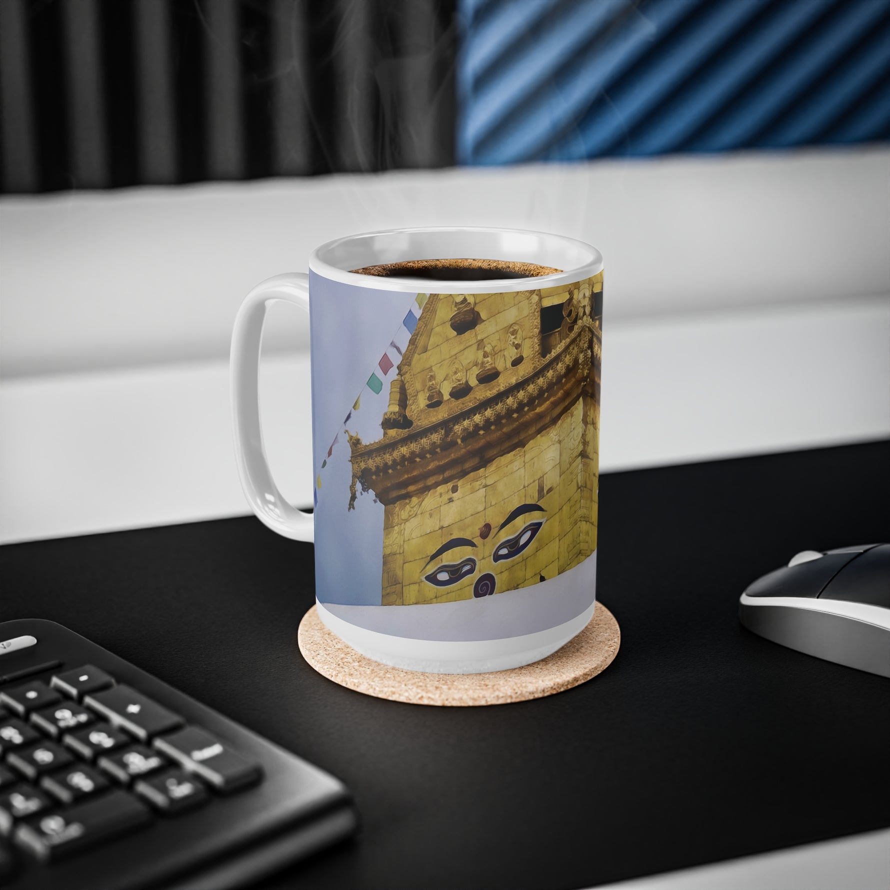 Ceramic White Cup 15oz - Nepal, Stupa with Buddha's Eyes (Variant 1)