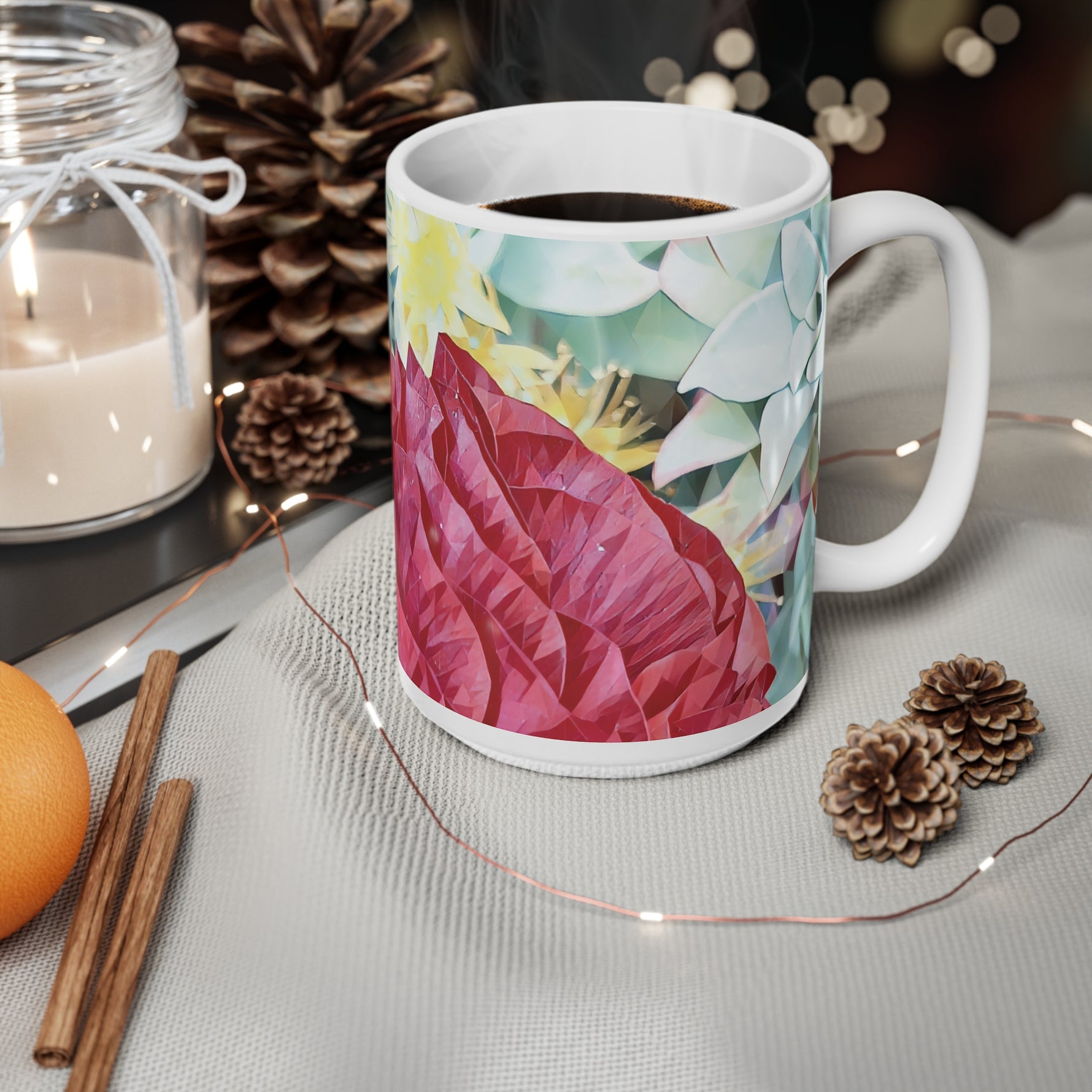 Ceramic White Cup 15oz - Poly Art - Flower of Dahlia in Red (Variant 2)