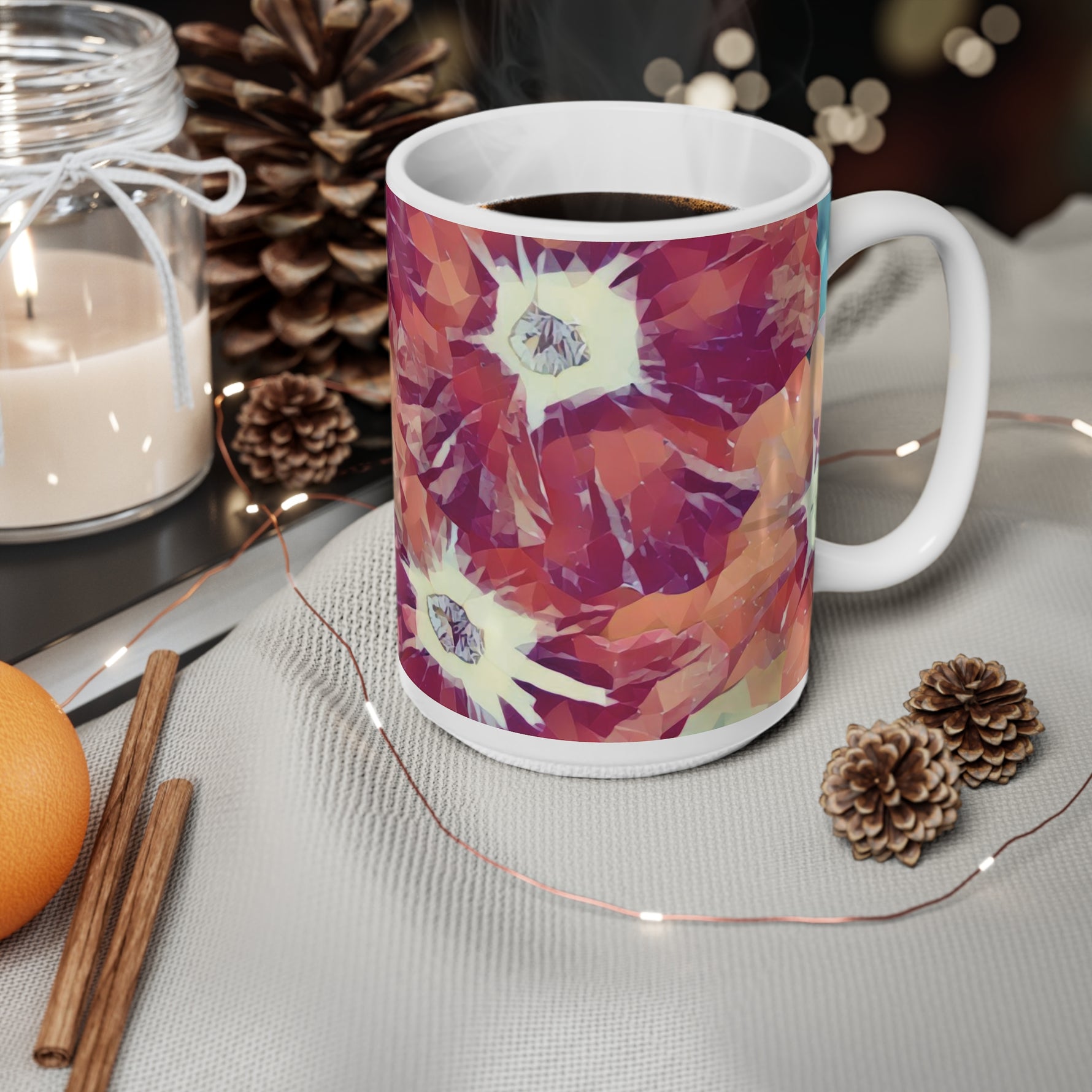 Ceramic White Cup 15oz - Poly Art - Flowers in sky blue and red (Variant 2)