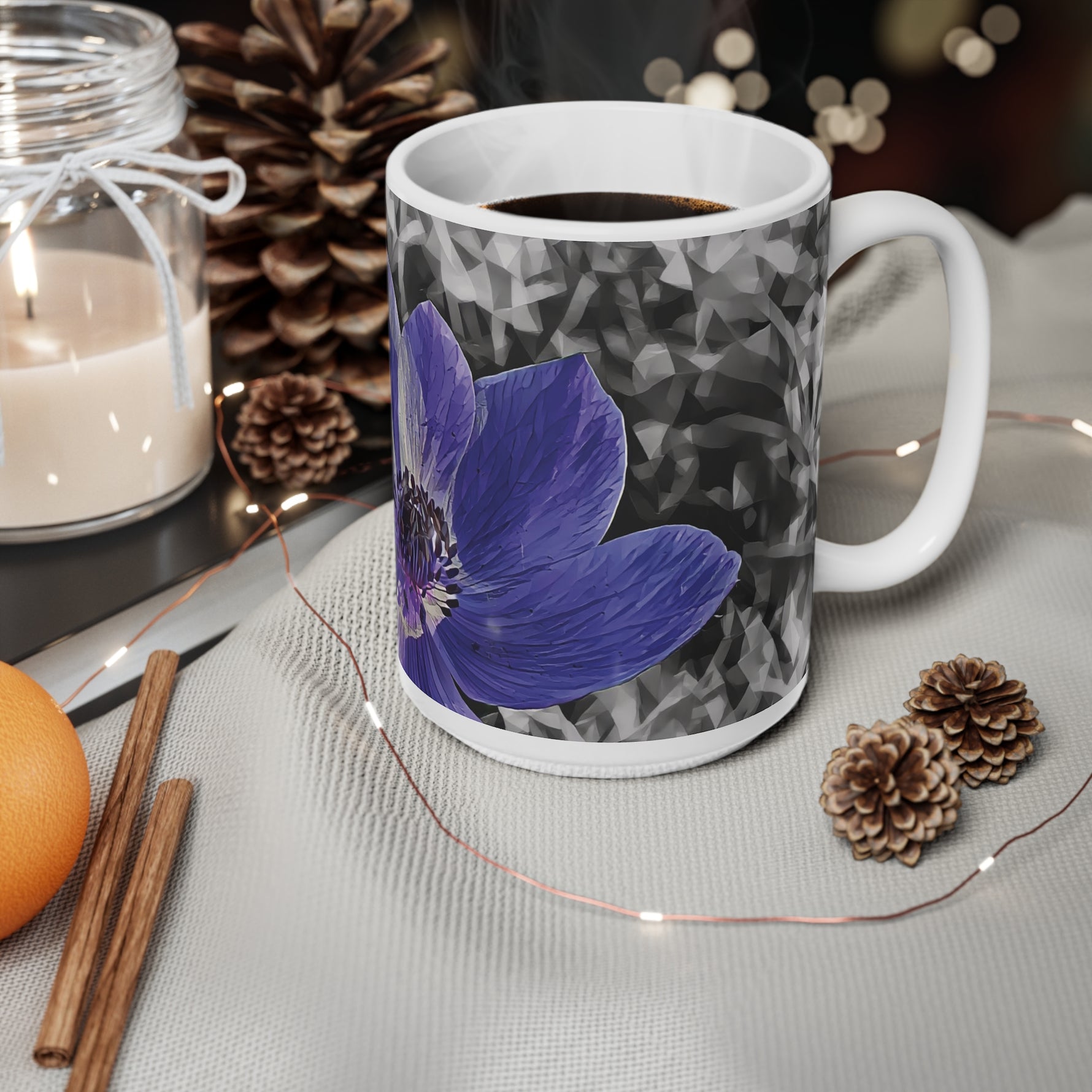 Ceramic White Cup 15oz - Poly Art - Flower of Anemone