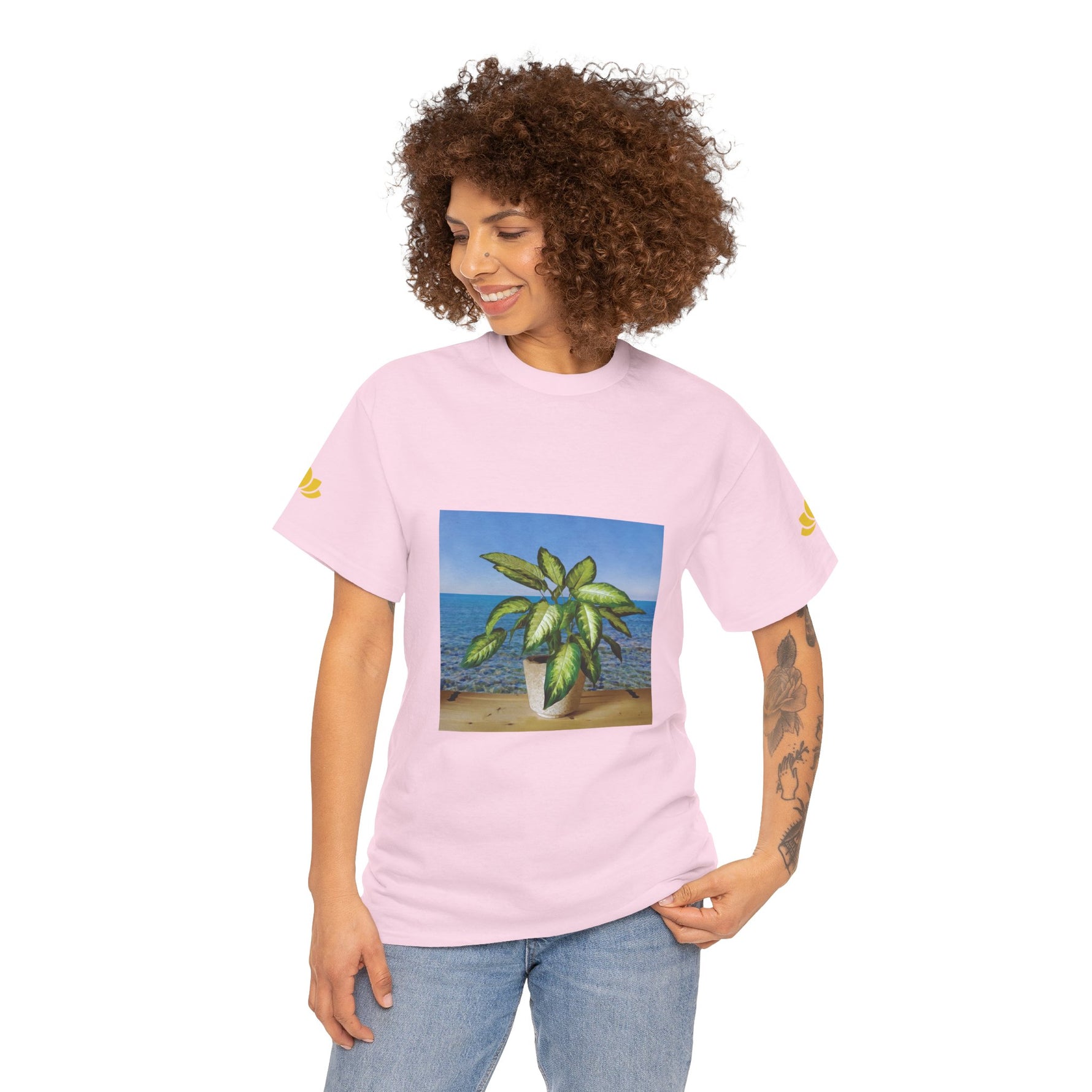 Unisex Heavy Cotton Tee - Dieffenbachia Plant and Sea landscape