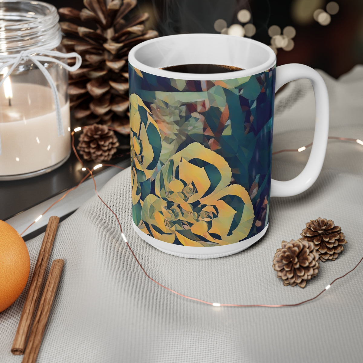 Ceramic White Cup 15oz - Poly Art - Flower of Euphorbia Helioscopia