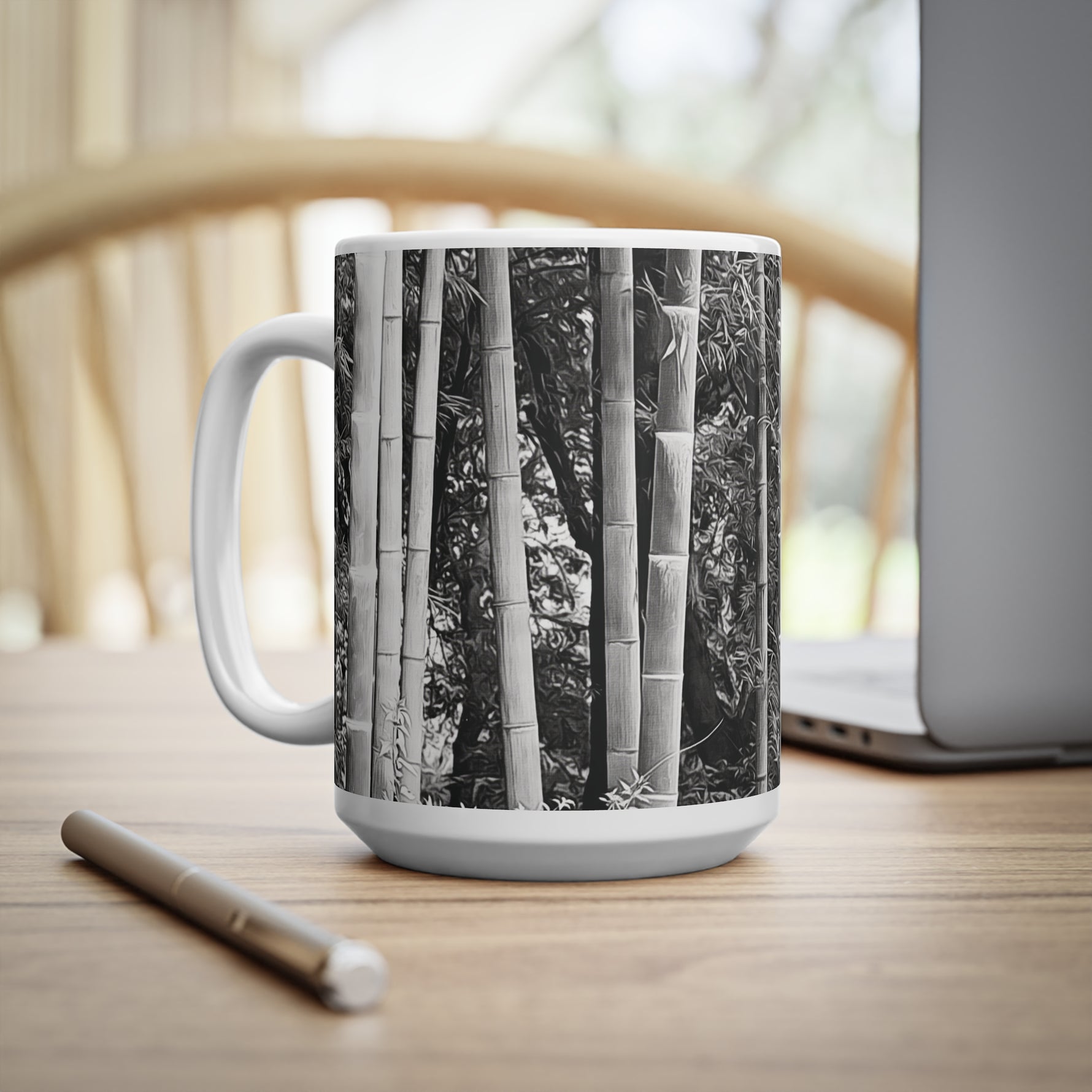 Ceramic White Cup 15oz - Bamboo (B&W Variant)